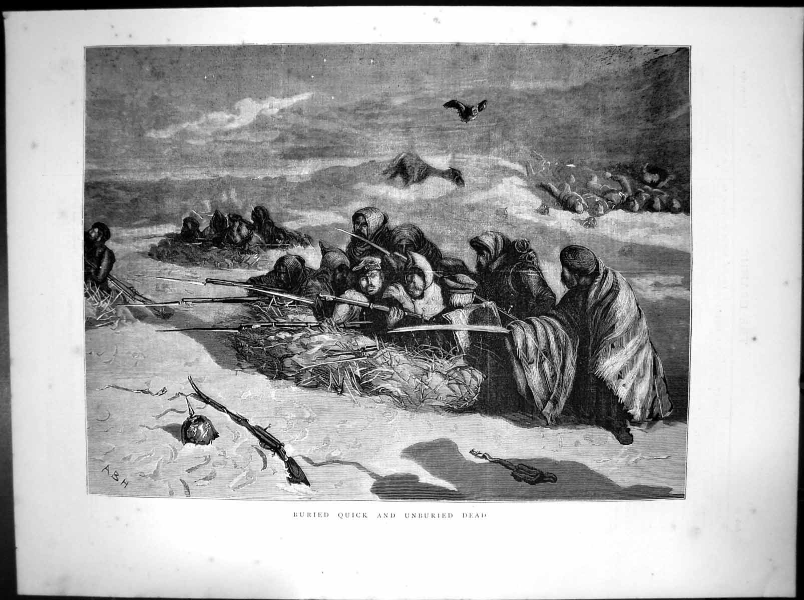 Original Old Antique Print Buried Quick Unburied Dead Soliers 1870 Victorian