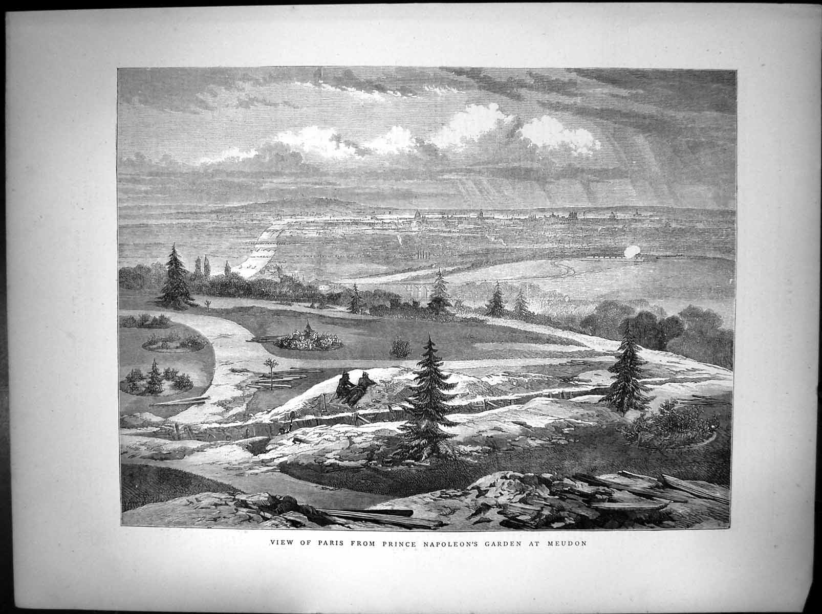 Original Old Antique Print View Paris From Prince Napoleans Garden Meudon 1870