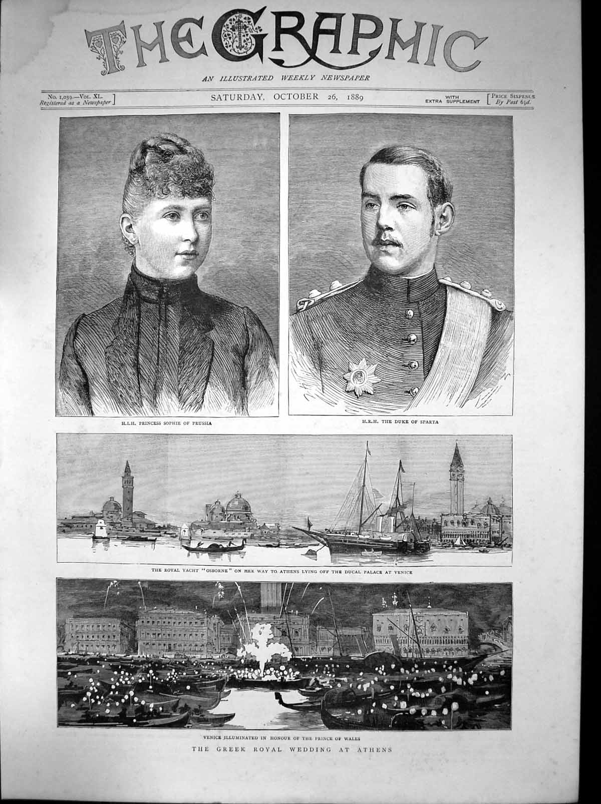 Antique Old Print Royal Wedding Athens Osborne Venice Duke Sparta Sophie 1889