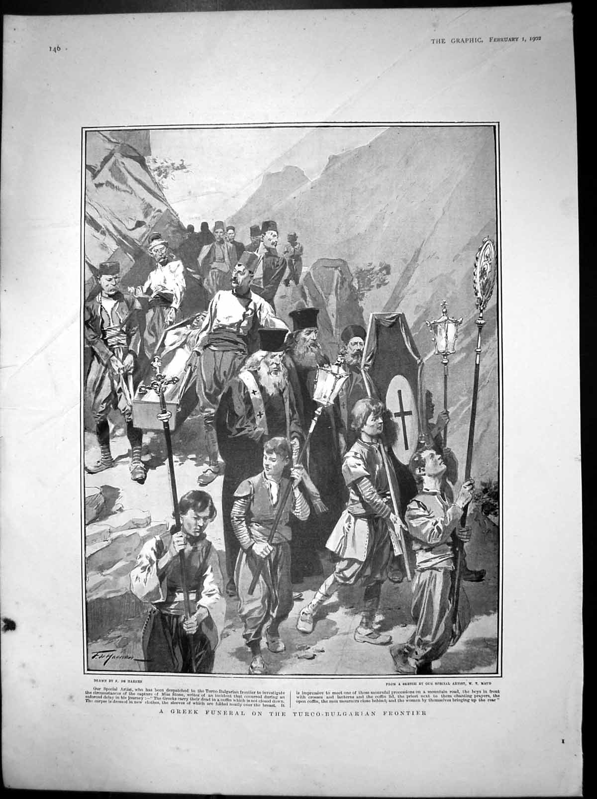 Original Old Antique Print Greek Funeral Turco-Bulgarian Frontier Wt Maud 1902
