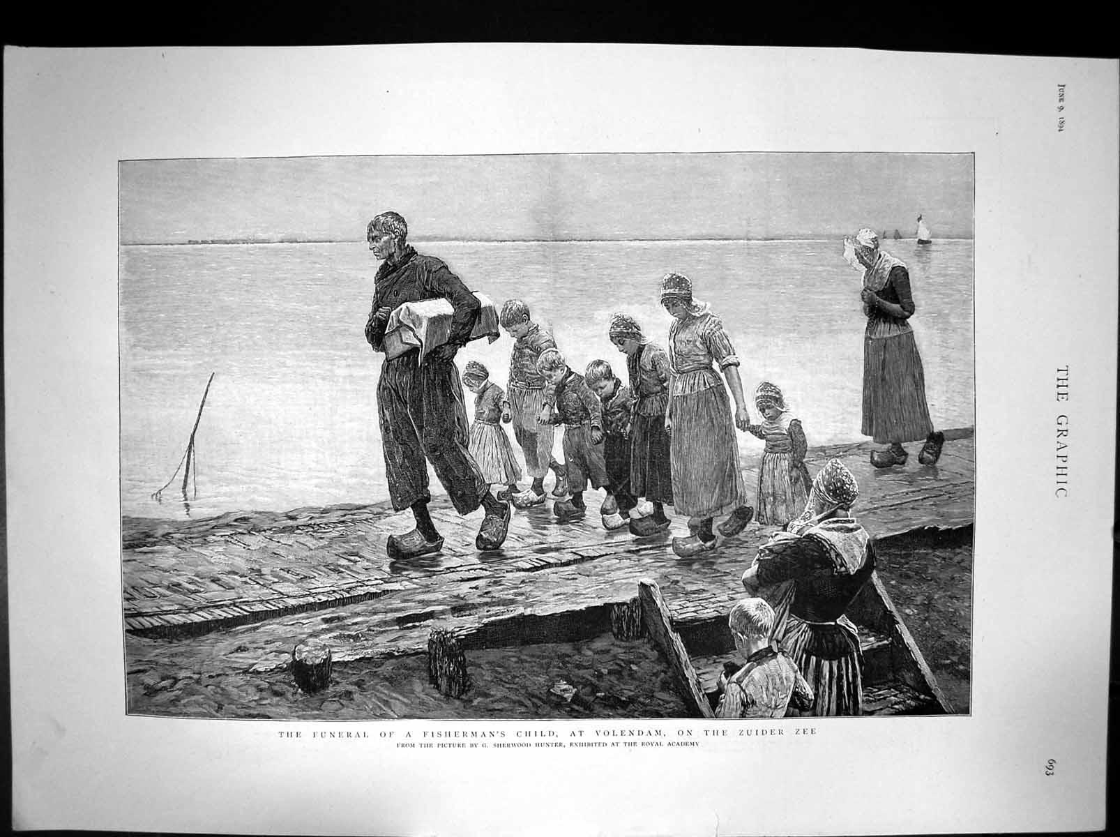 Original Old Antique Print Funeralfishermans Child Volendam Zuider Zee 1894