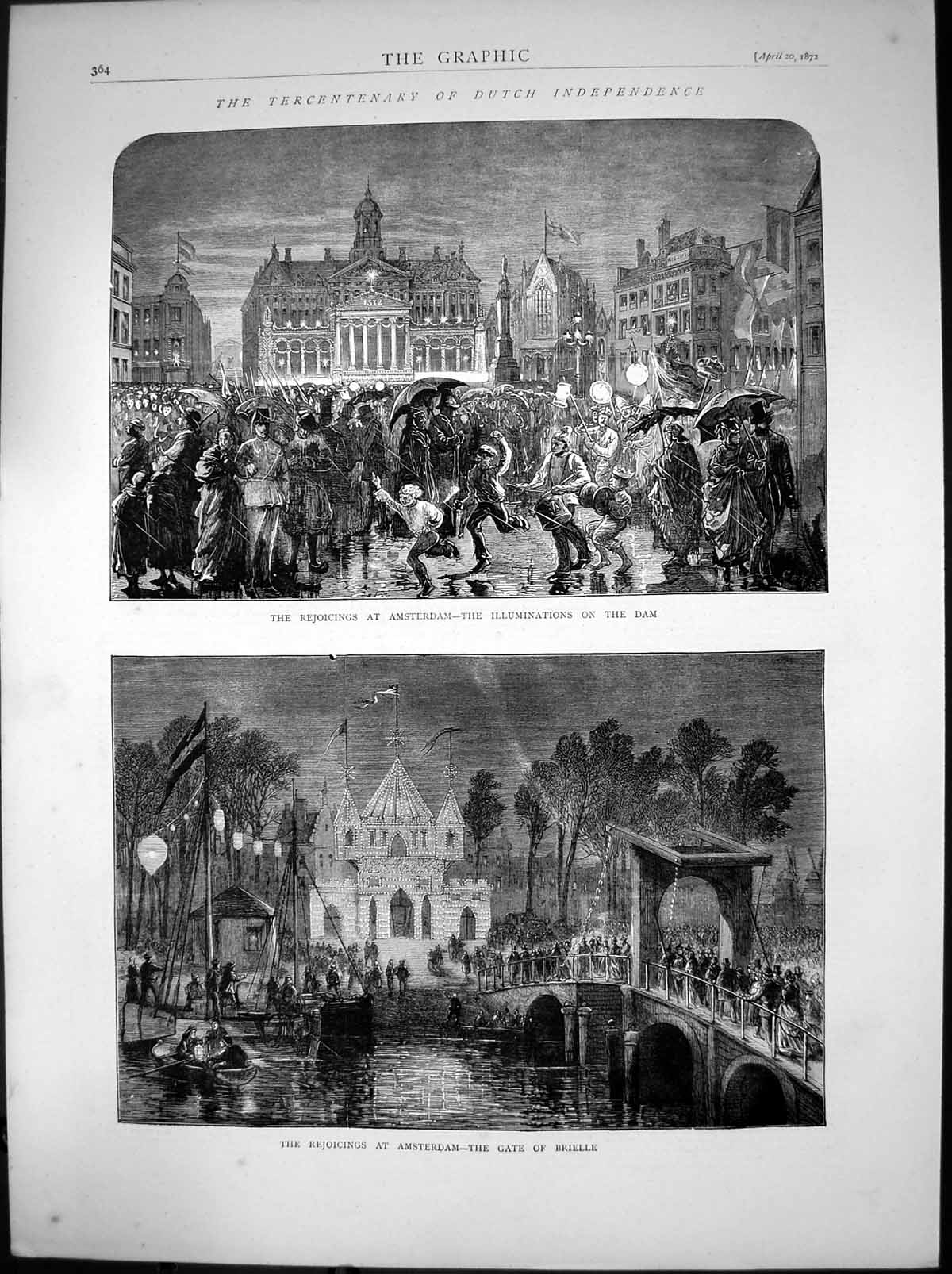 Antique Old Print Tercentenary Dutch Independence Amsterdam Gate Brielle 1872