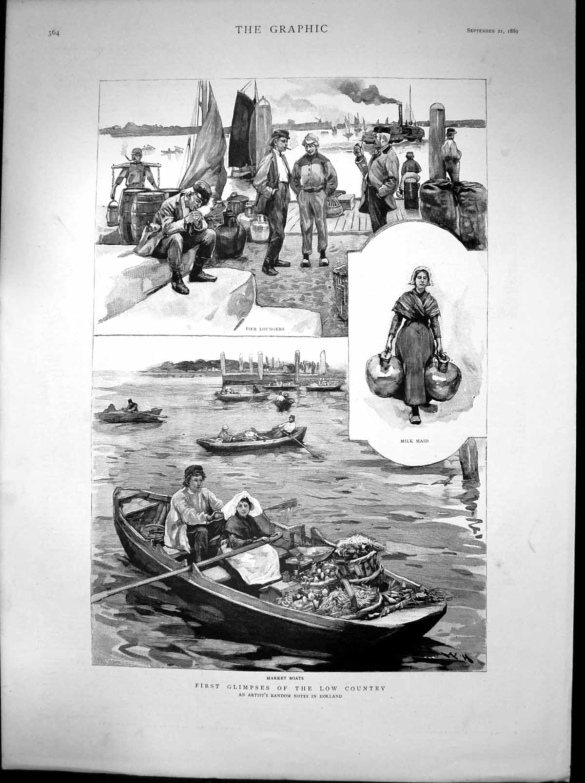 Antique Old Print First Glimpses Low Country Market Boats Pier Milk Maid 1889