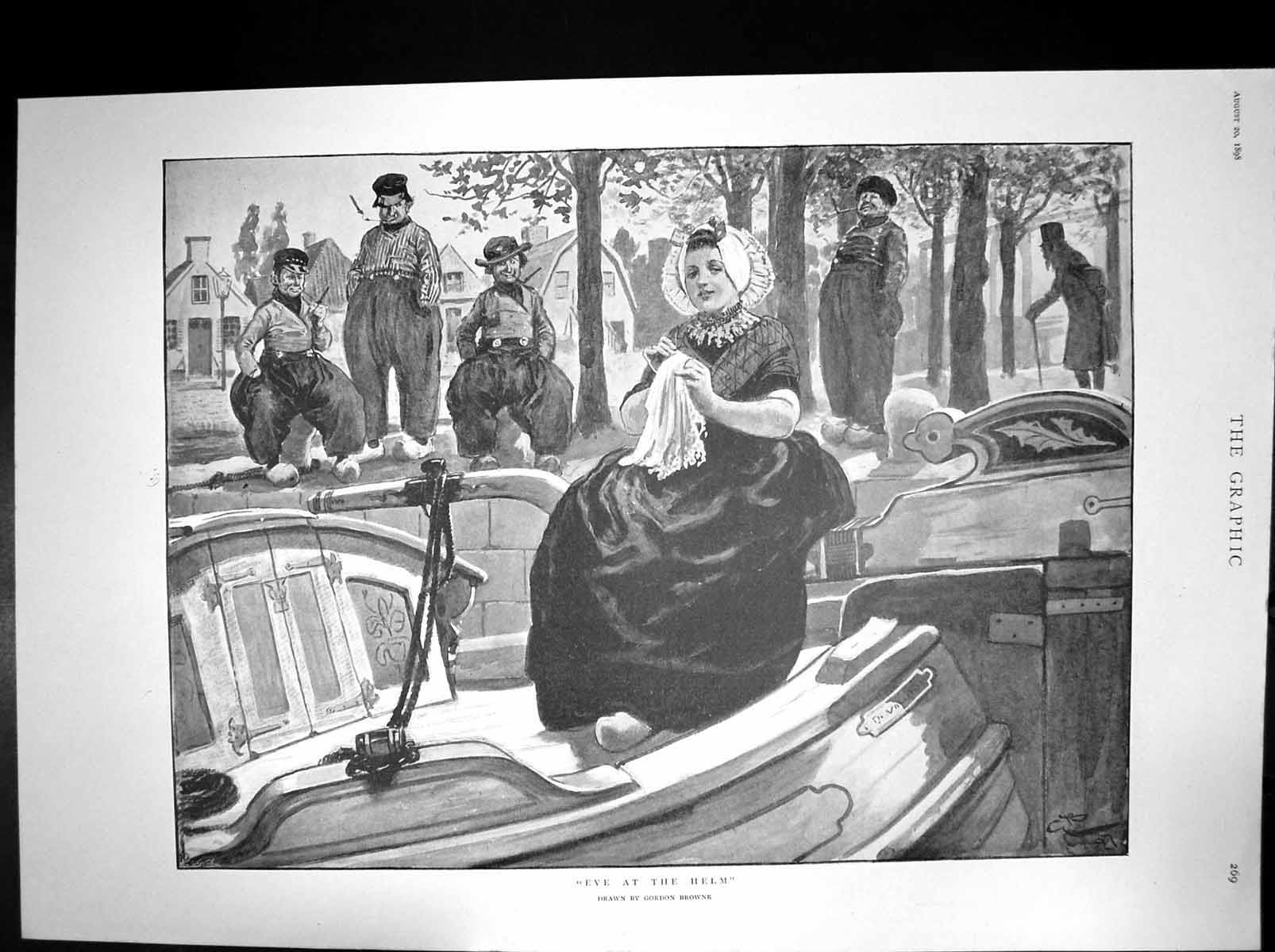 Original Old Antique Print Eve At Helm Gordon Browne Dutch Girl Boat 1898 19th