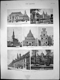 Original Old Antique Print Holland Town Hall Leyden Haarlem Veere Hoorn 1886