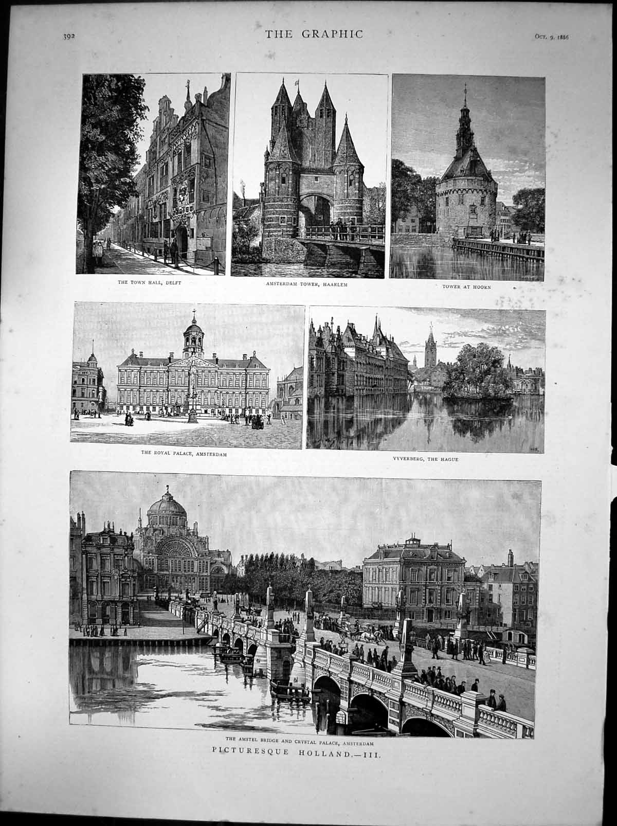 Old Antique Print Royal Palace Amsterdam Townhall Delft Tower Hoorn 1886 19th