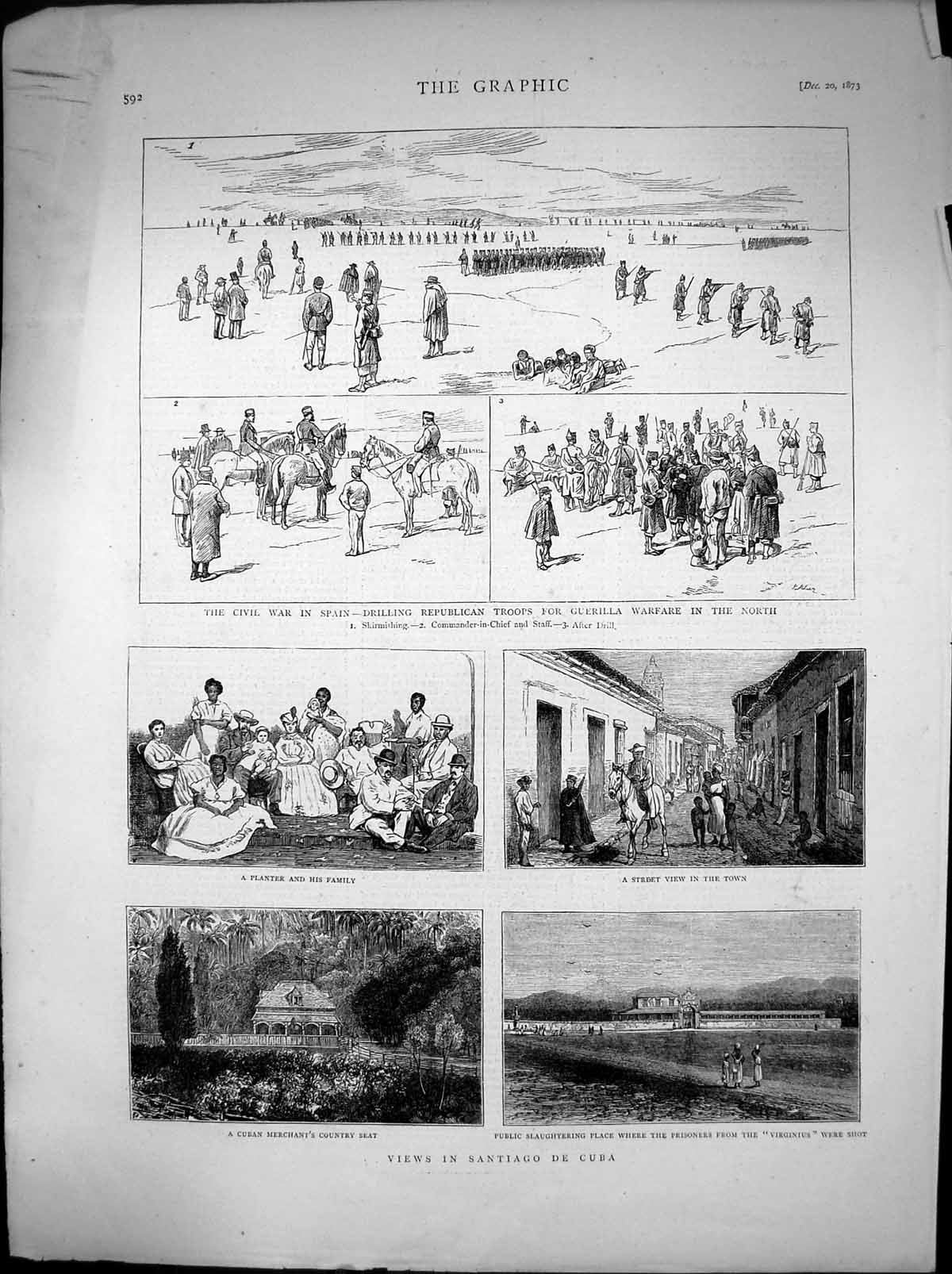 Old Antique Print Santiago De Cuba Civil War Spain Drilling Troops 1873 19th