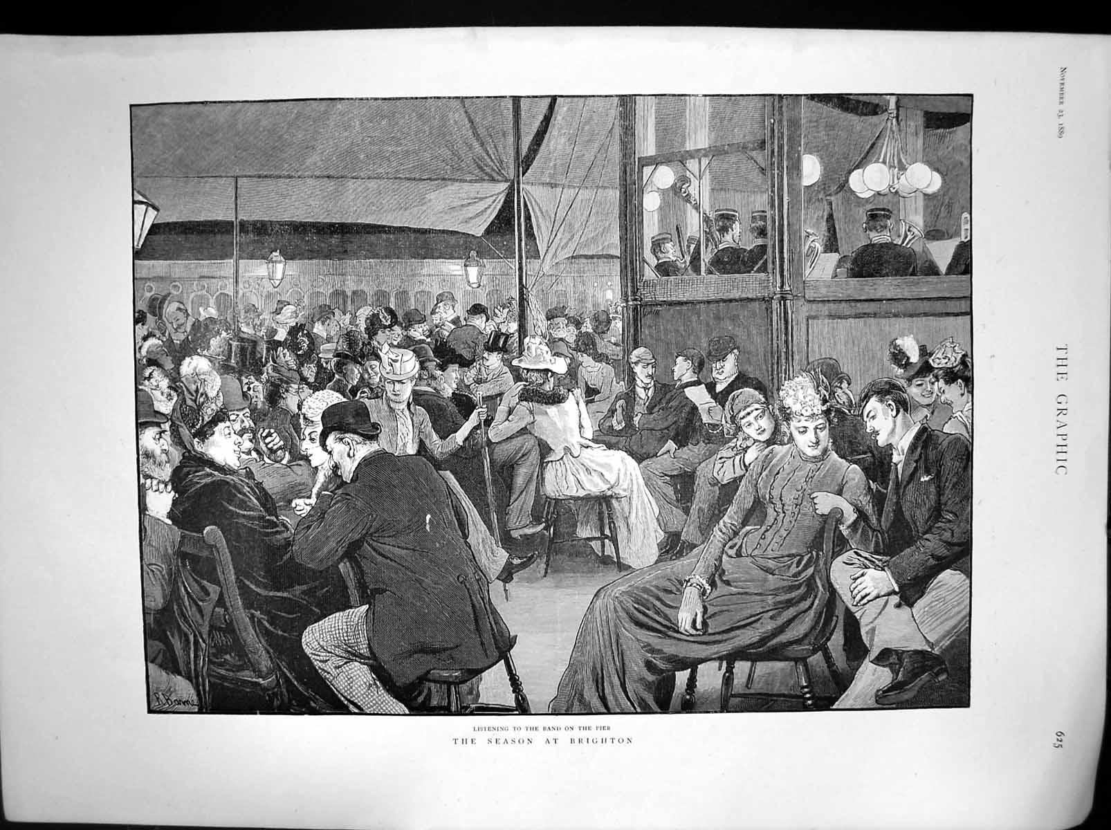 Original Old Antique Print Season Brighton Listening Band On Pier 1889 19th