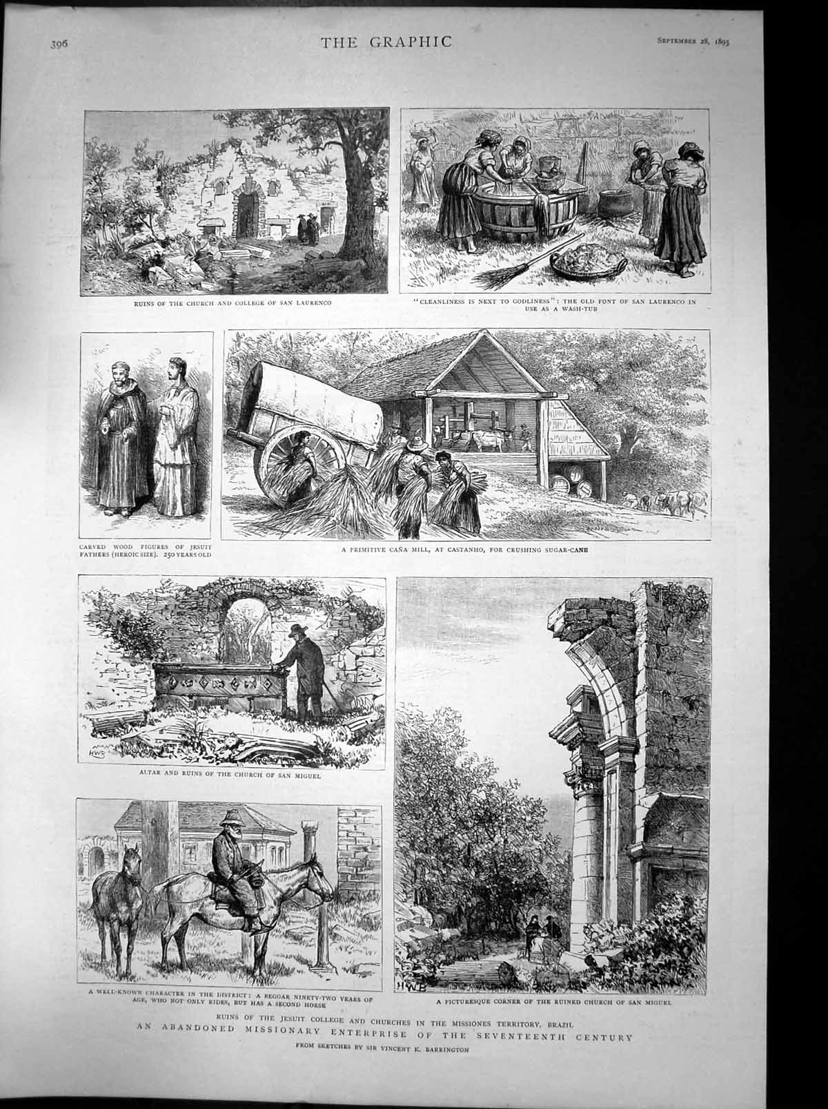 Antique Print Ruins Jesuit College Churches Brazil Cana Mill Castanho 1895 19th