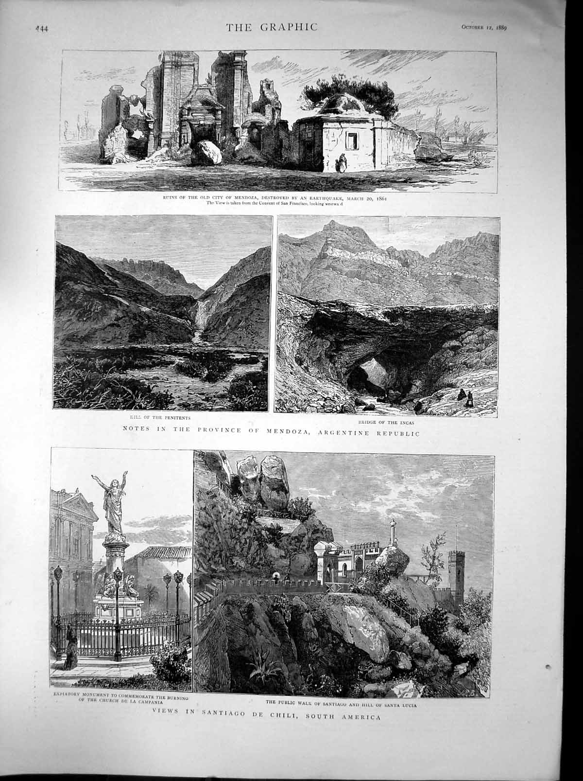 Original Old Antique Print Santiago De Chili Mendoza Ruins Bridge Incas 1889
