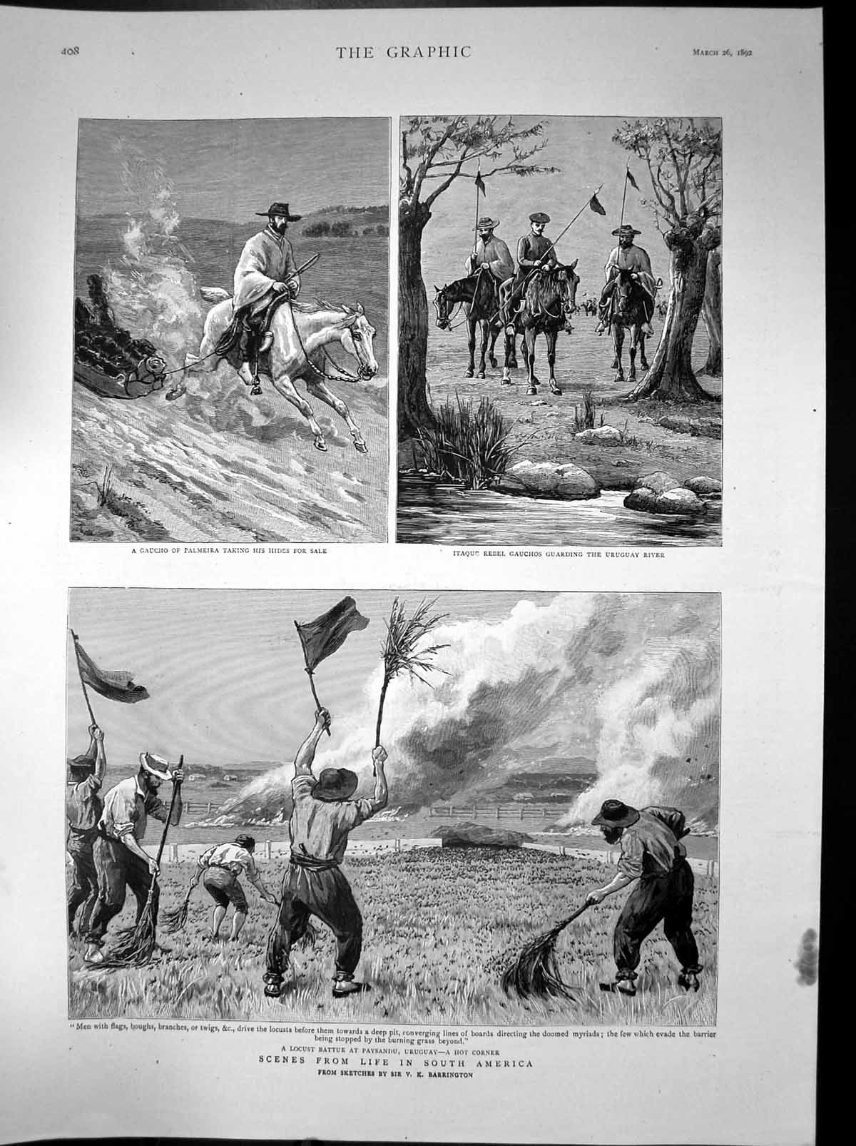 Old Antique Print Itaque Gauchos Uruquay River Hides Battle Paysandu 1892 19th