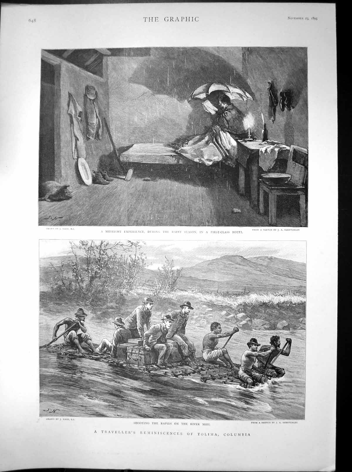 Original Old Antique Print Rapids River Miel Rainy Season Tolima Columbia 1895