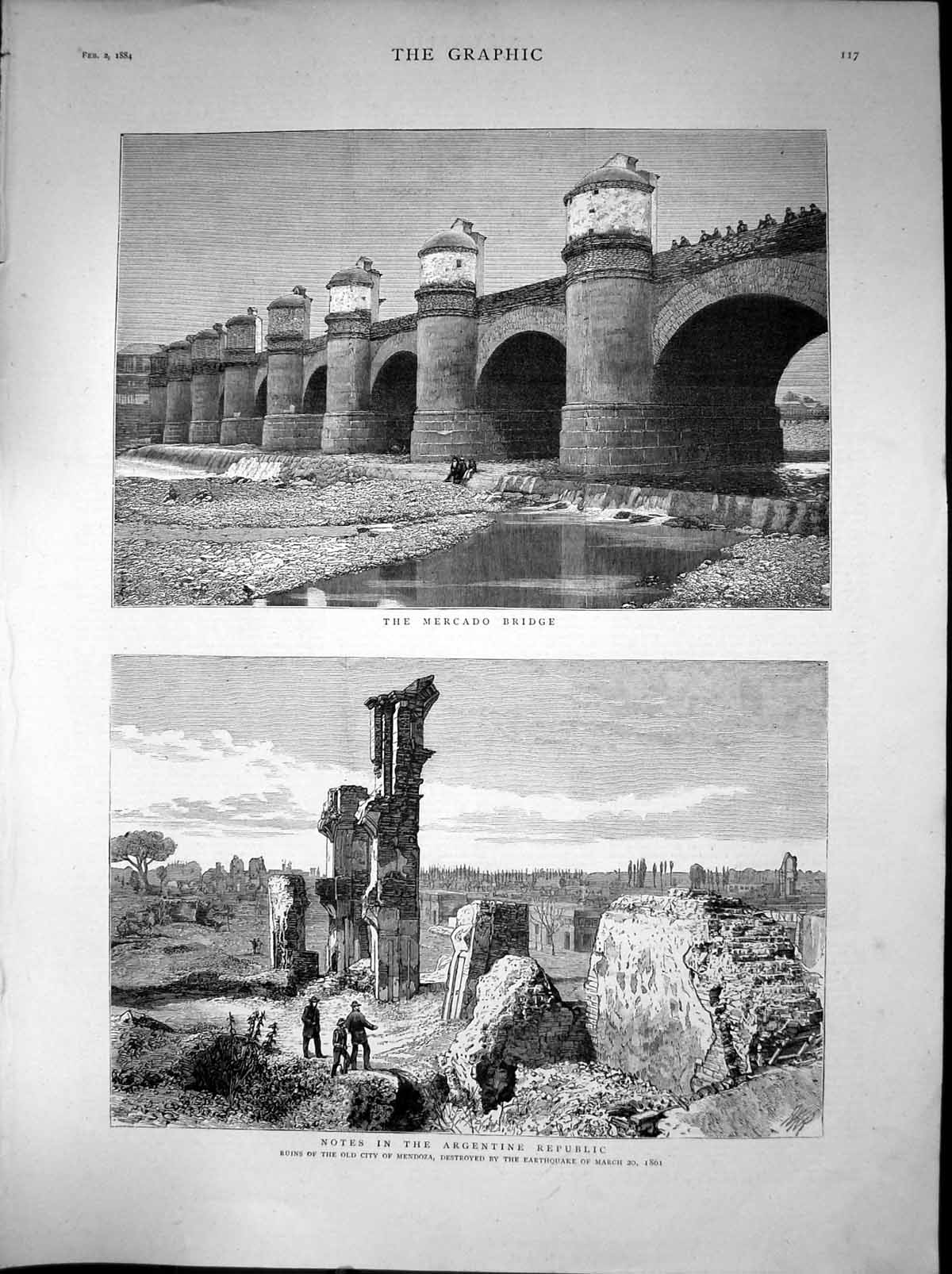 Old Antique Print Mercado Bridge Ruins City Mendoza Earthquake 1861 1884 19th