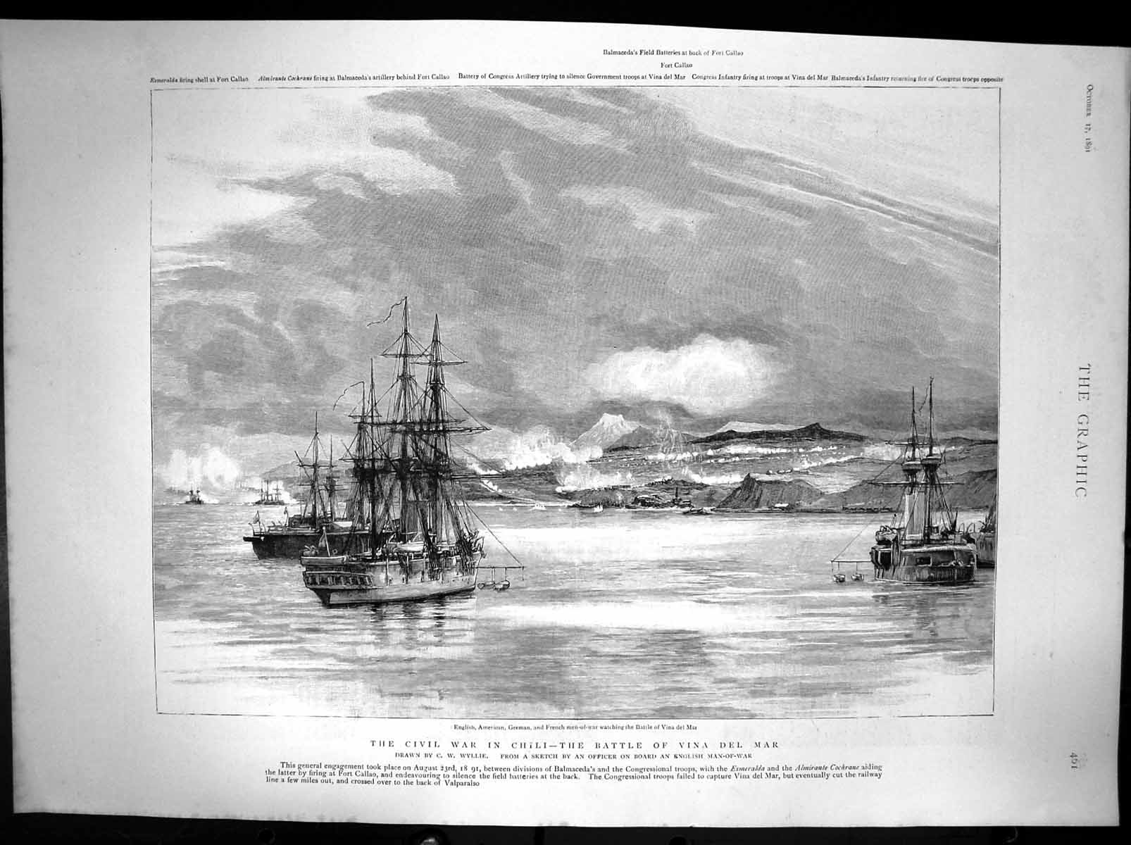 Antique Old Print Battle Vina Del Mar War Chili Cw Wyllie Battleships 1891 19th