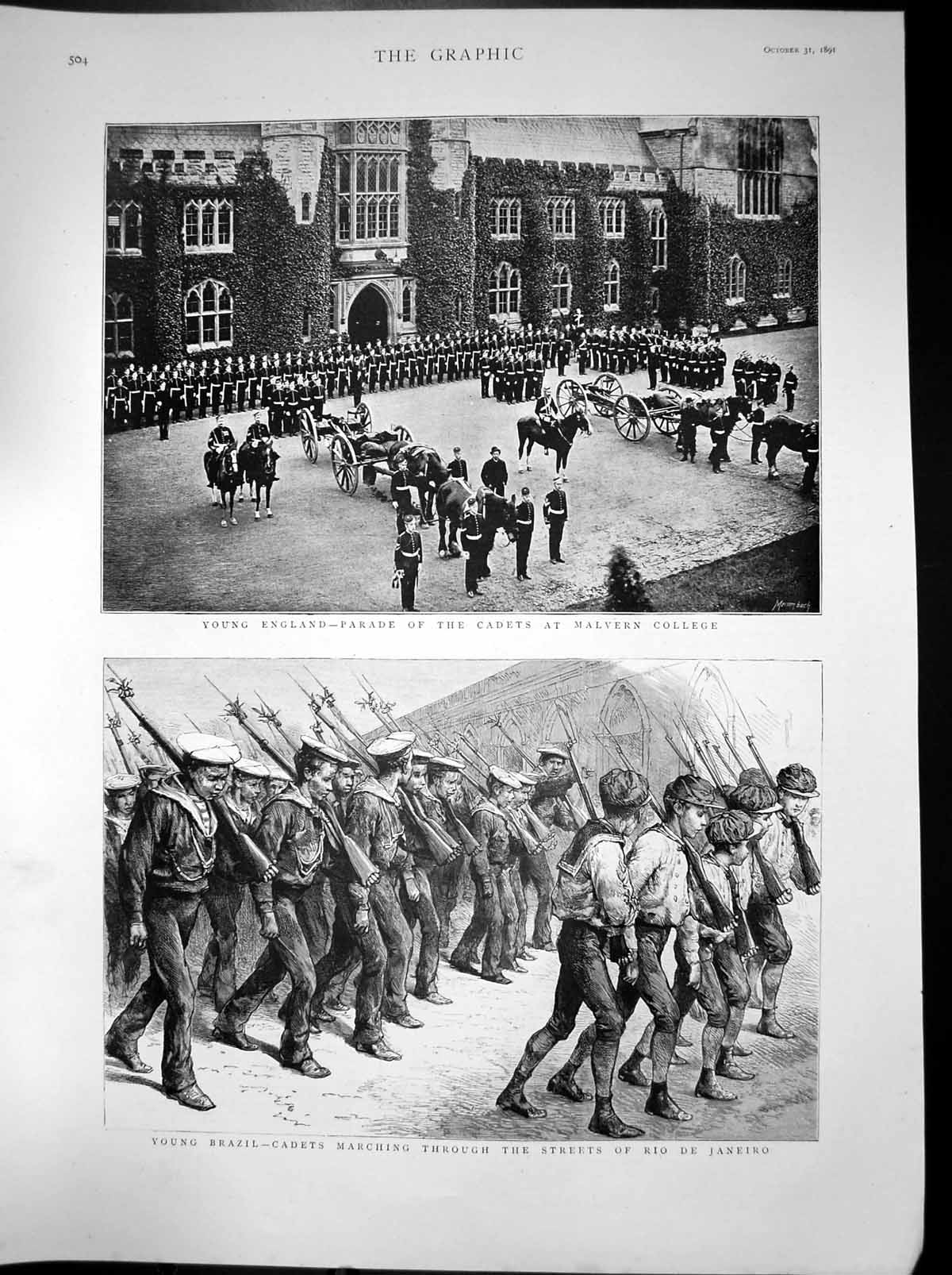 Antique Old Print Cadets Parade Malvern College Cadets Rio De Janeiro 1891 19th