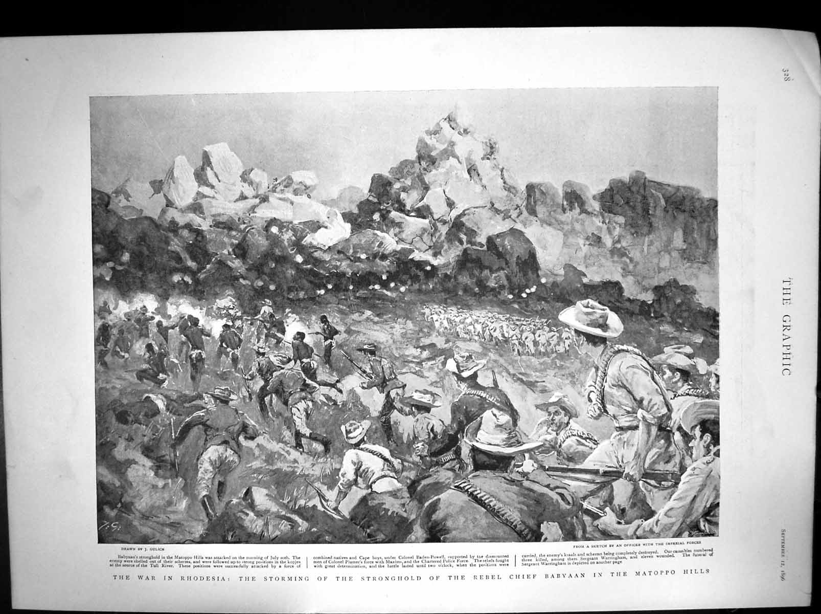Old Antique Print Storming StronghRebel Chief Babyaan Matoppo Hills 1896 19th