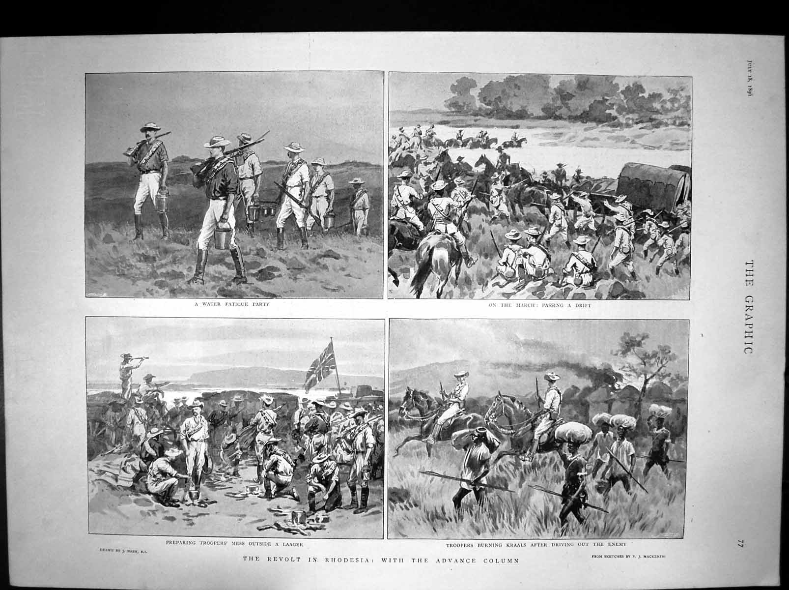 Antique Old Print Revolt Rhodesia Advance Column Burning Kraals Laager 1896