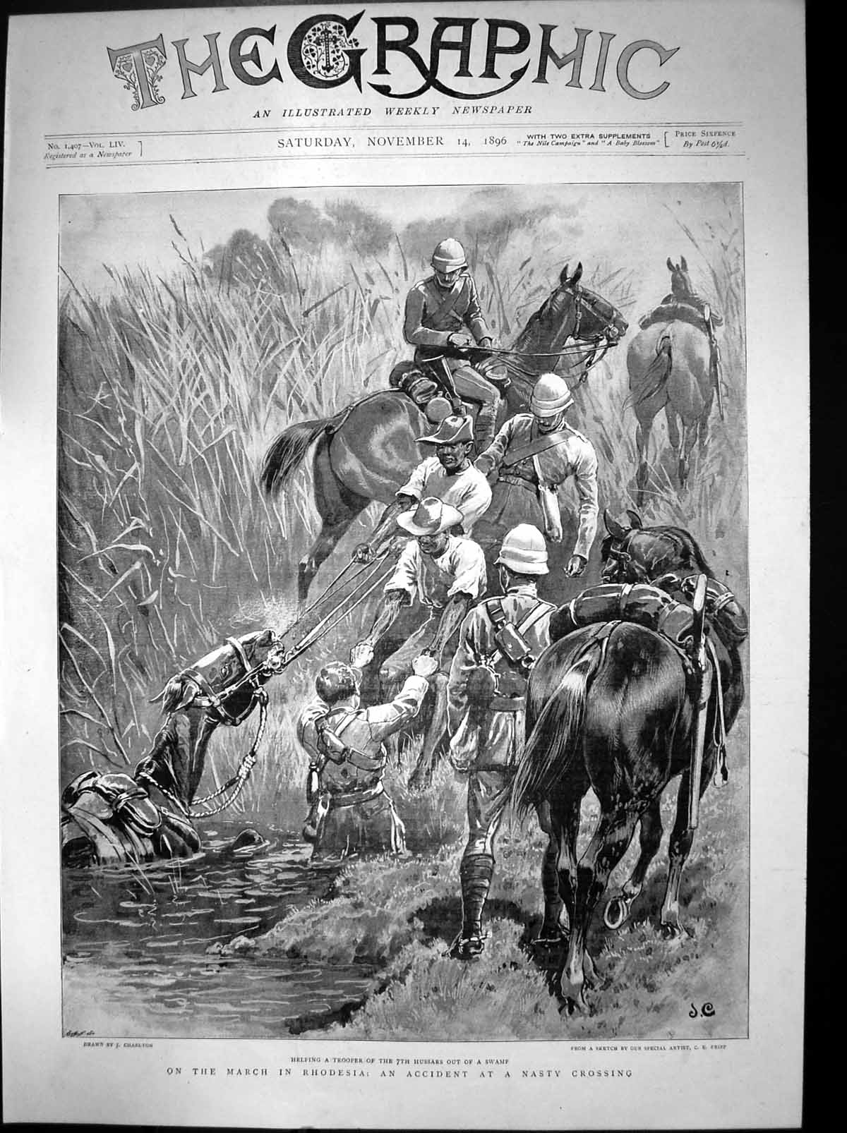 Antique Print March In Rhodesia Accident Nasty Crossing Trooper Swamp 1896 19th