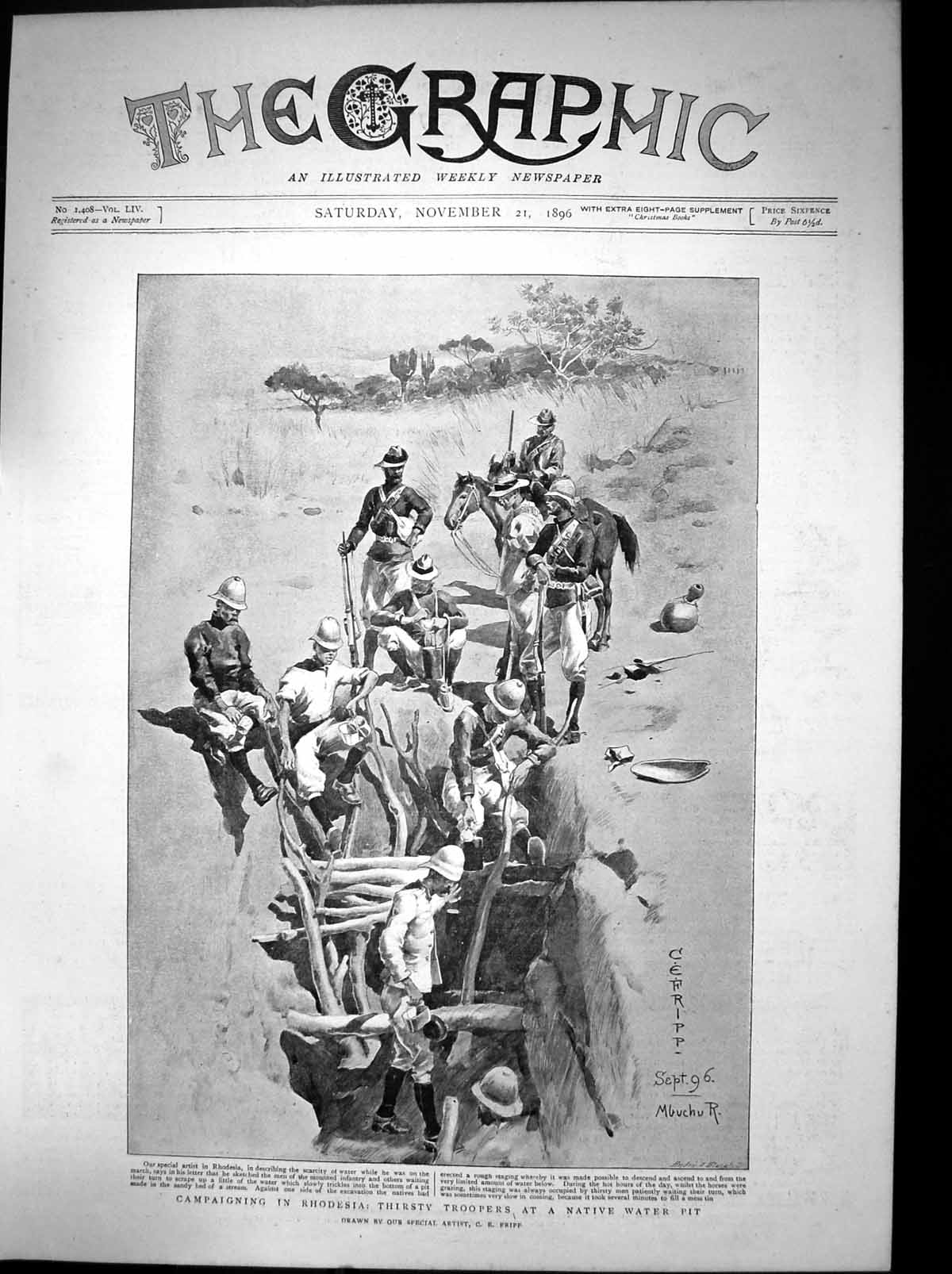 Original Old Antique Print Thirsty Troopers Rhodesia Native Water Pit 1896 19th