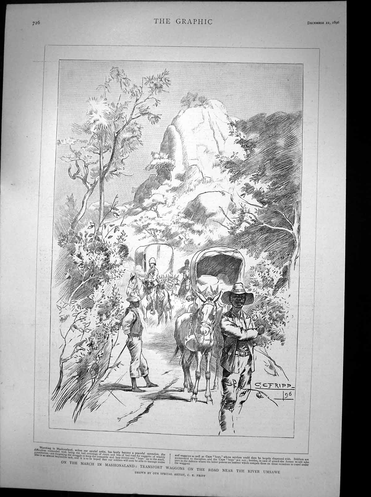 Original Old Antique Print Transport Waggons Road River Umsawe Mashonaland 1896