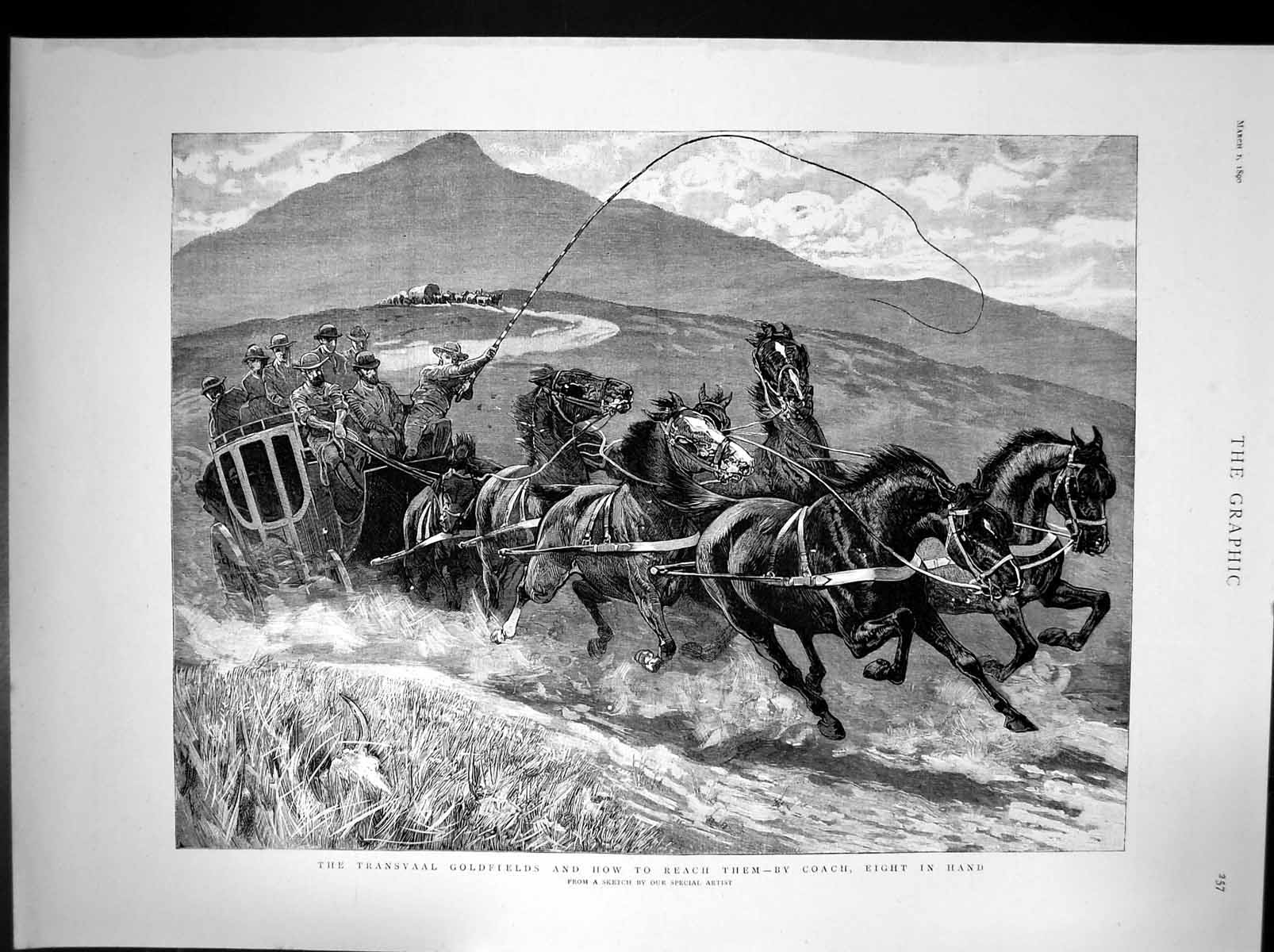 Old Antique Print Transvaal Gfields Reach Them Coach Eight In Hand 1890 19th