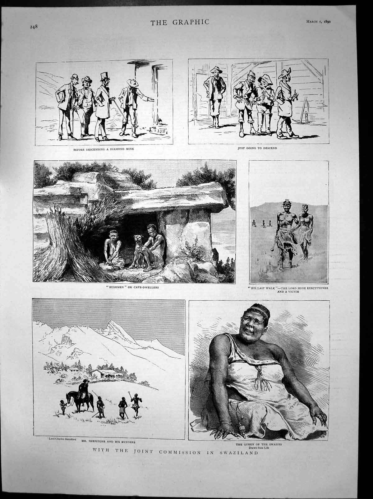 Old Antique Print Swaziland Queen Bushmen Executioner Diamond Mine 1890 19th