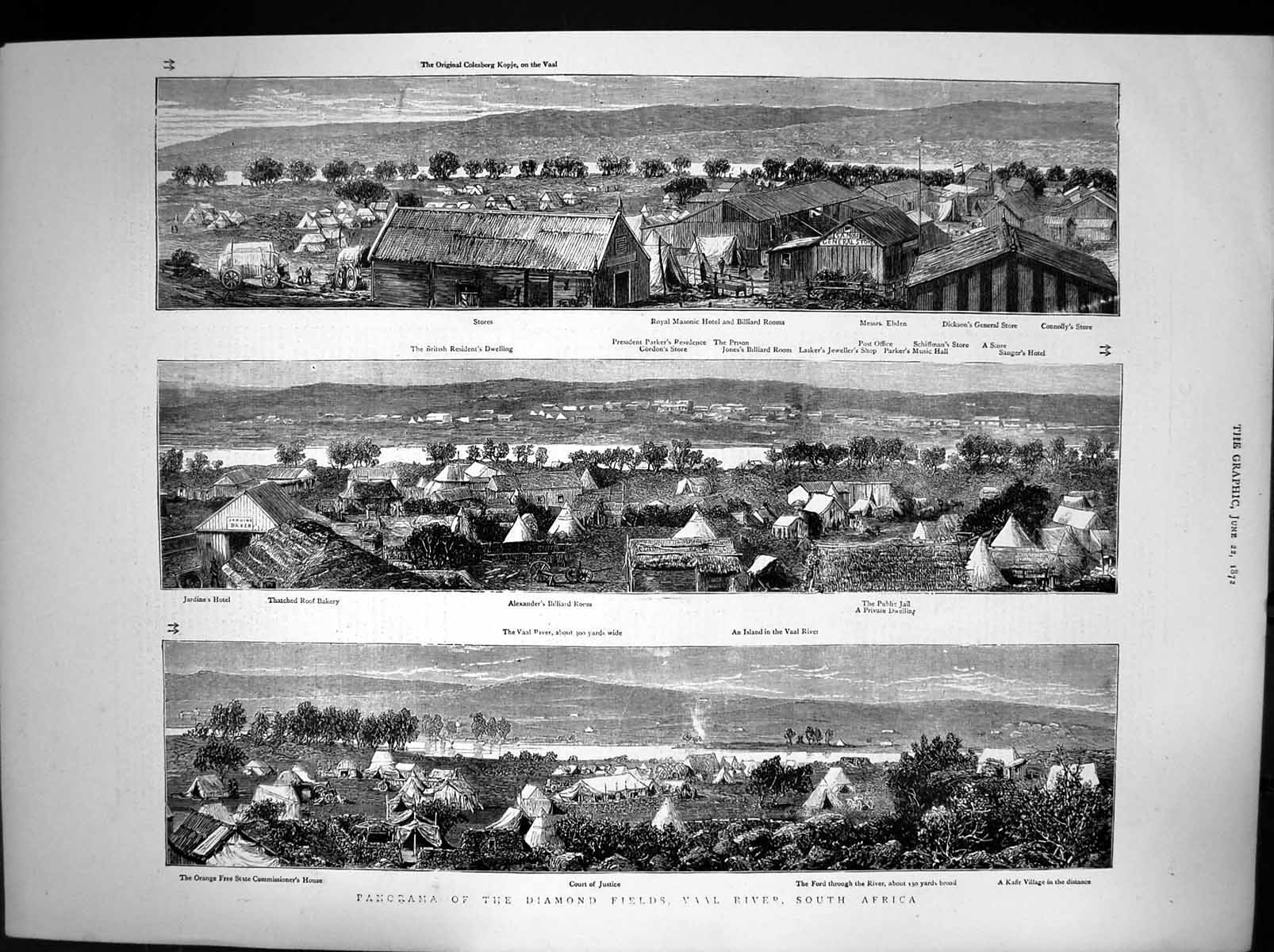 Antique Old Print Diamond Fields Vaal Valley South Africa Kafir Village 1872