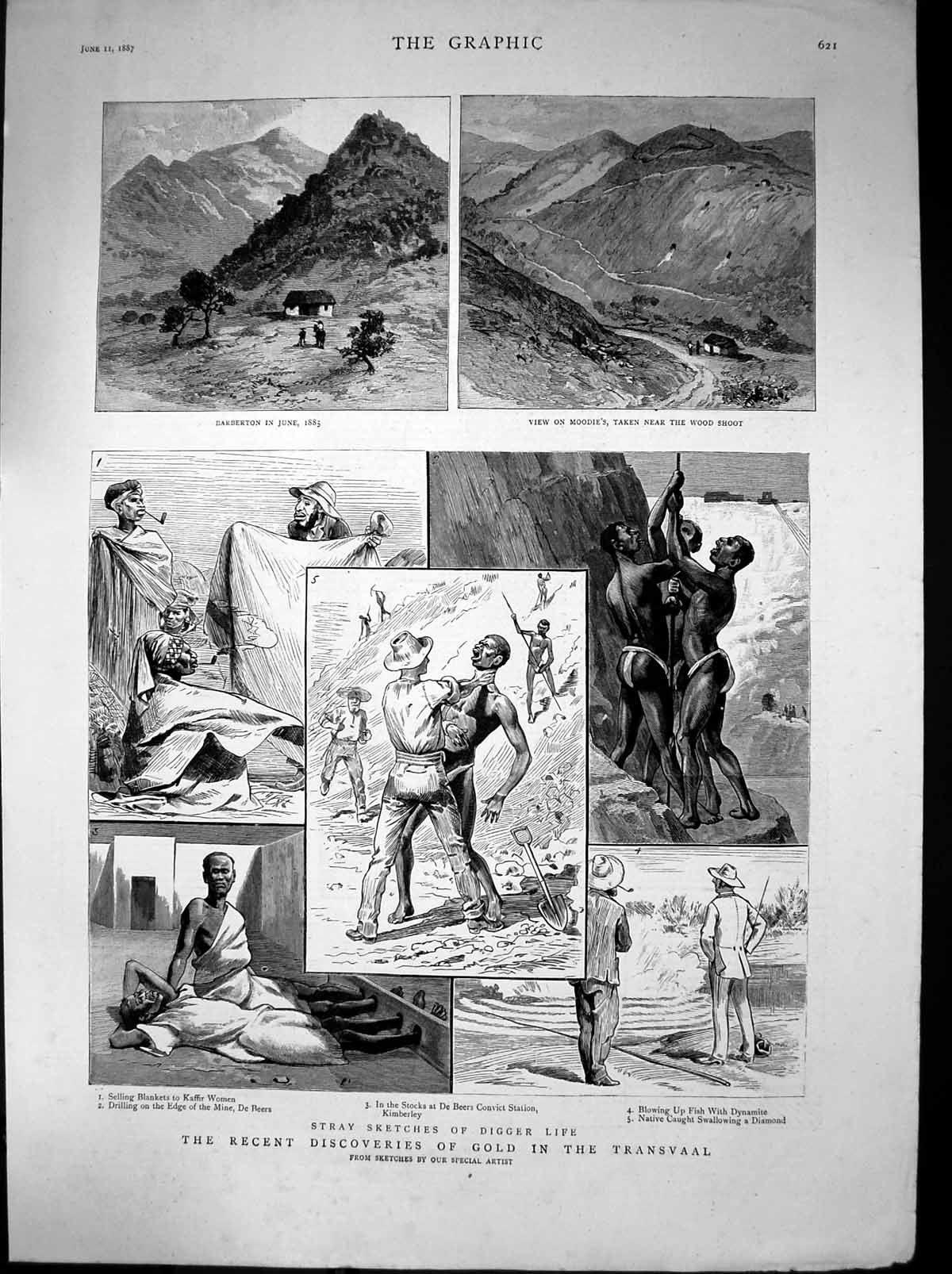 Original Old Antique Print GTransvaal Drilling Mine Digger Life Dynamite 1887