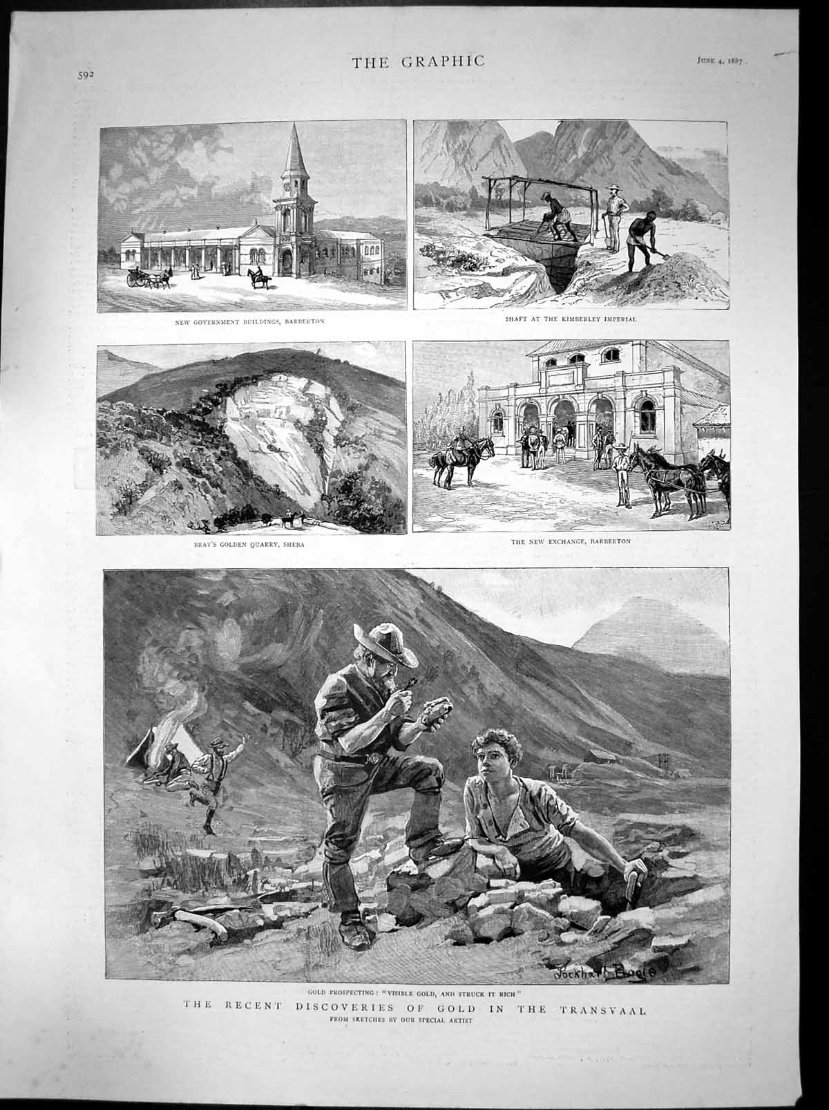 Old Antique Print GDiscovery Transvaal Shaft Quarry Sheba Barberton 1887 19th