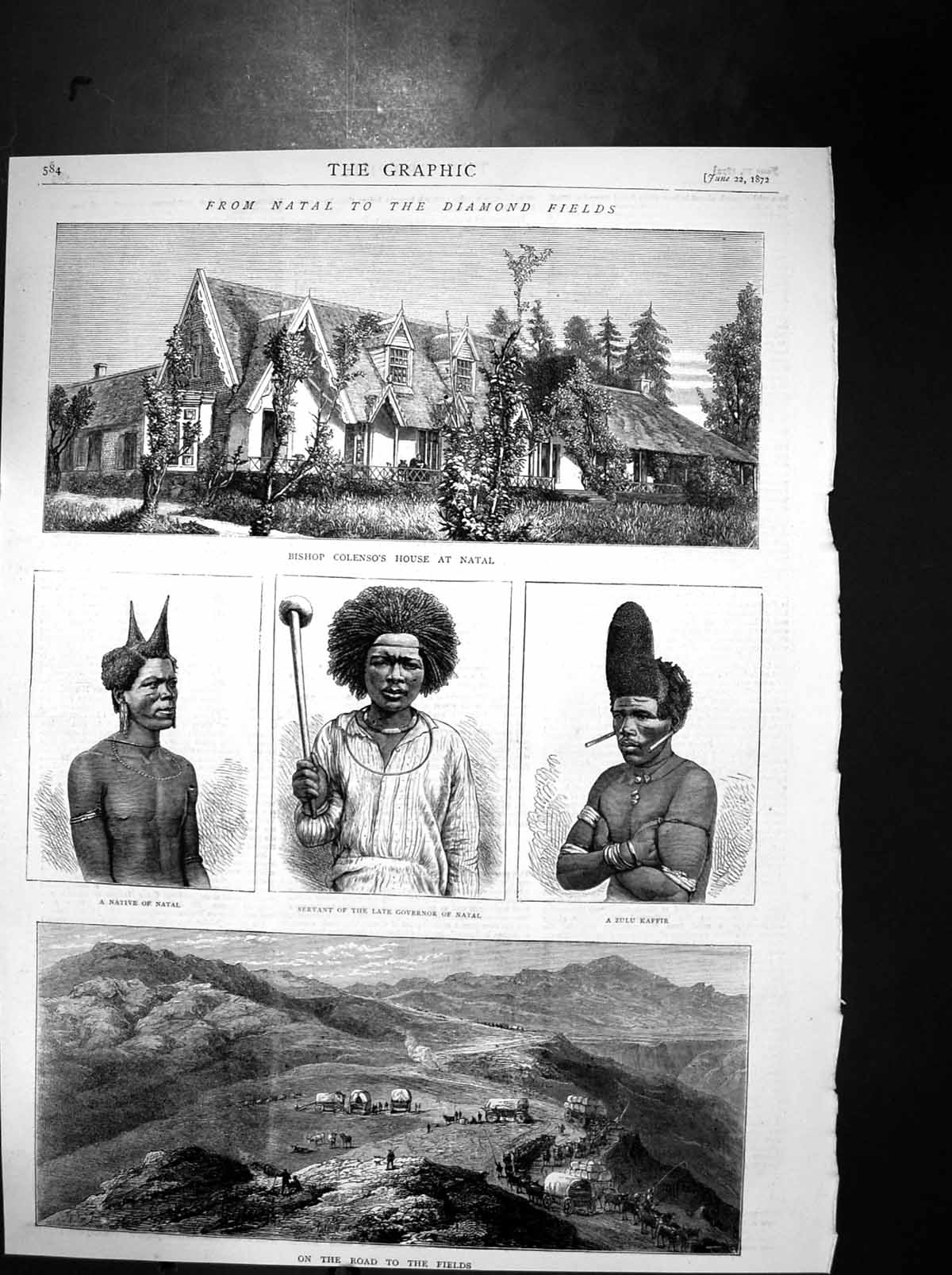 Antique Old Print Natal Zulu Kaffir Bishop Colensos House Diamond Fields 1872