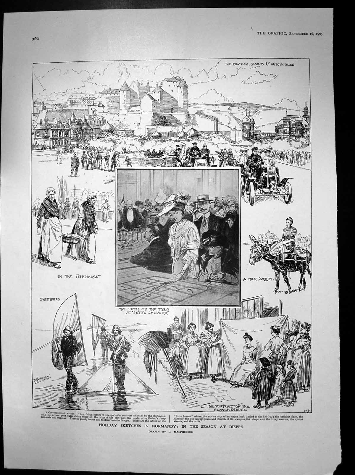 Antique Old Print Holidays Normandy Season Dieppe Fishmarket Shrimpers 1905