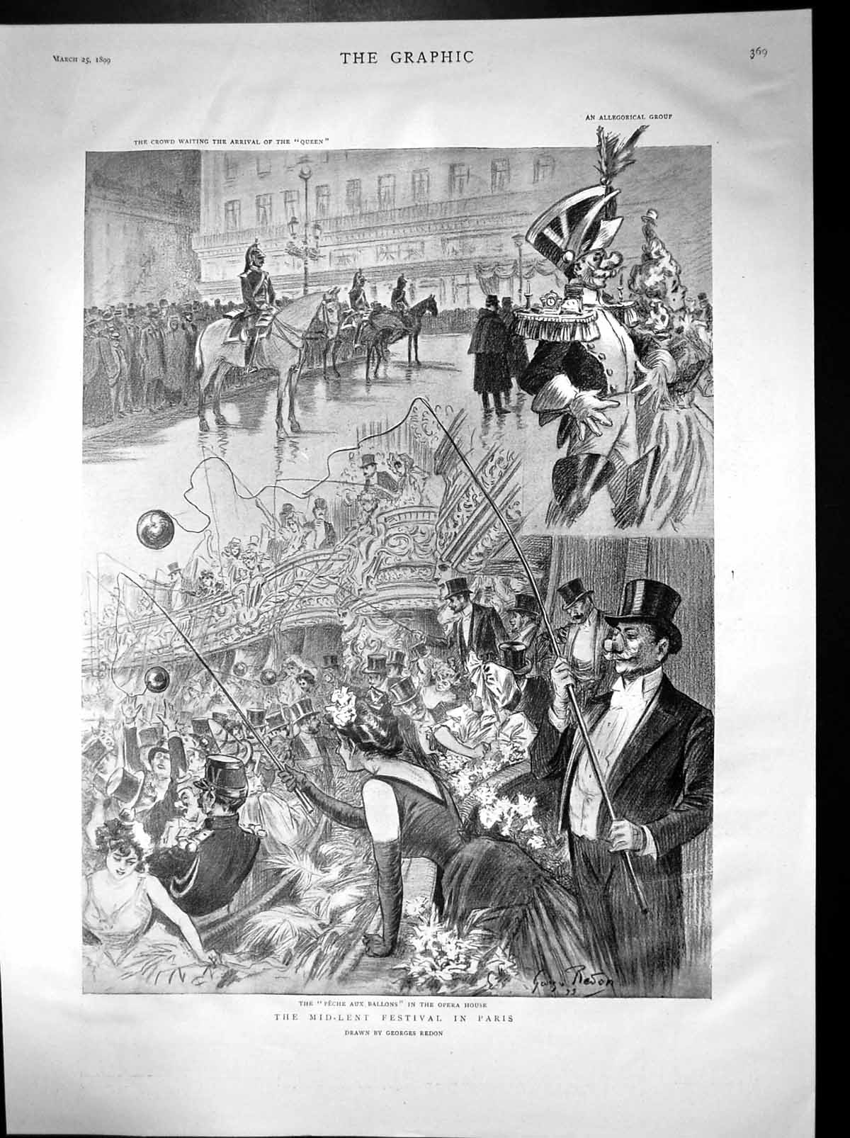 Antique Old Print Mid Lent Festival Paris Peche Aux Balloons Opera House 1899