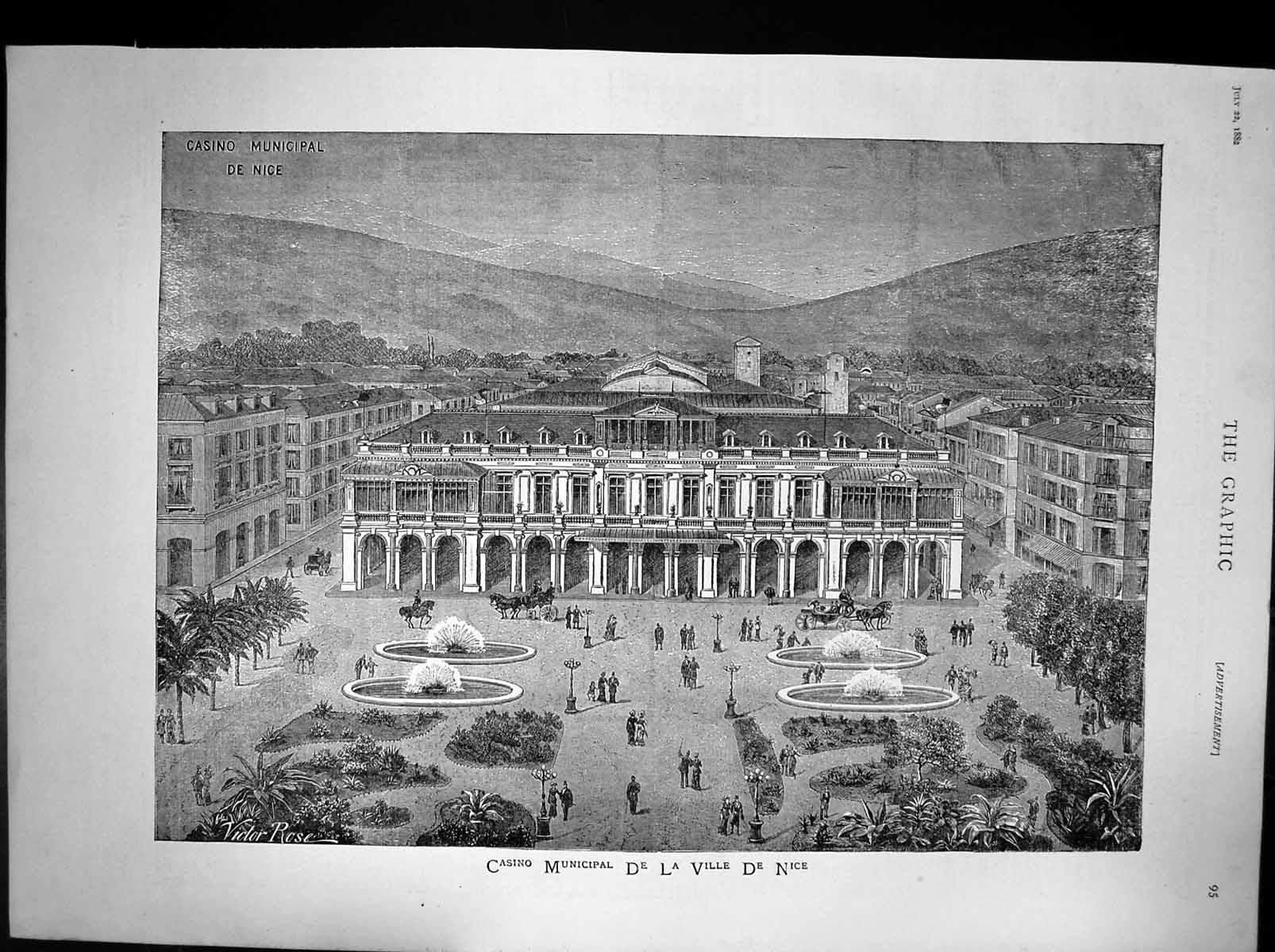 Original Old Antique Print Casino Municipal De La Ville De Nice 1882 Victorian