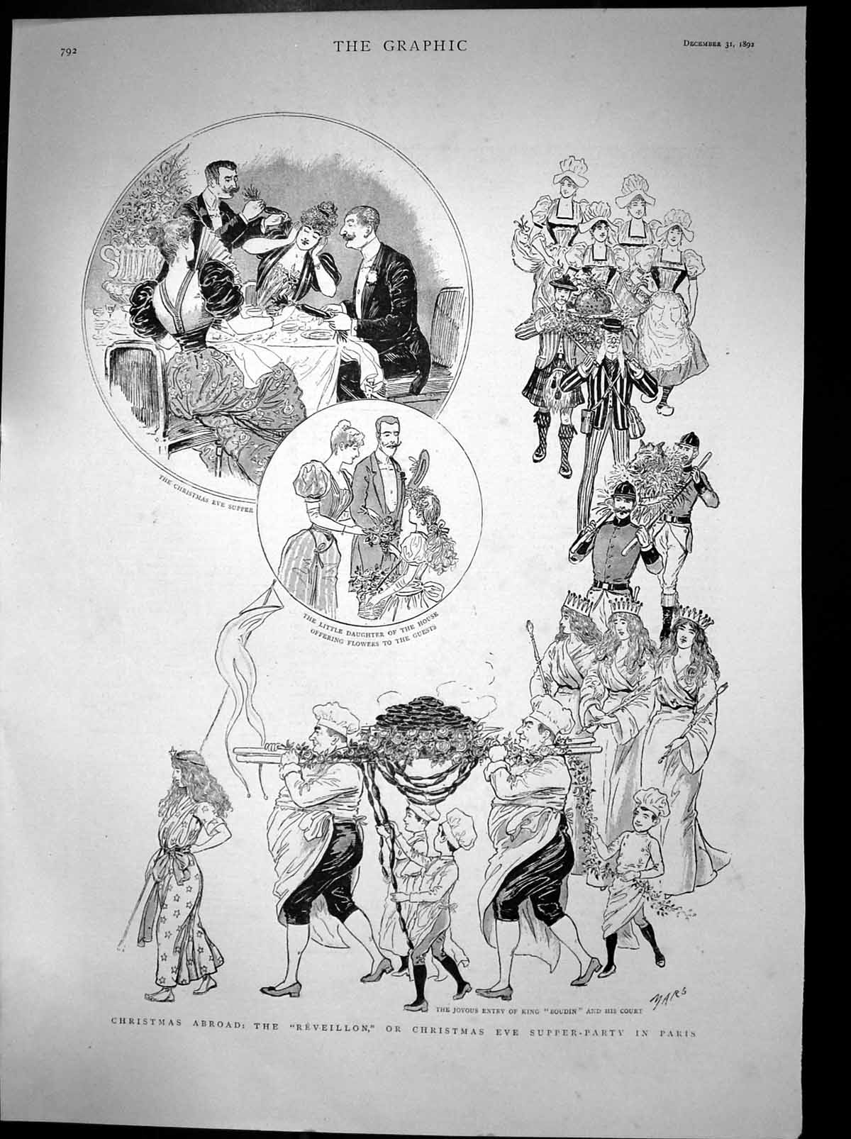 Original Old Antique Print Reveillon Christmas Eve Supper Party Paris 1892 19th
