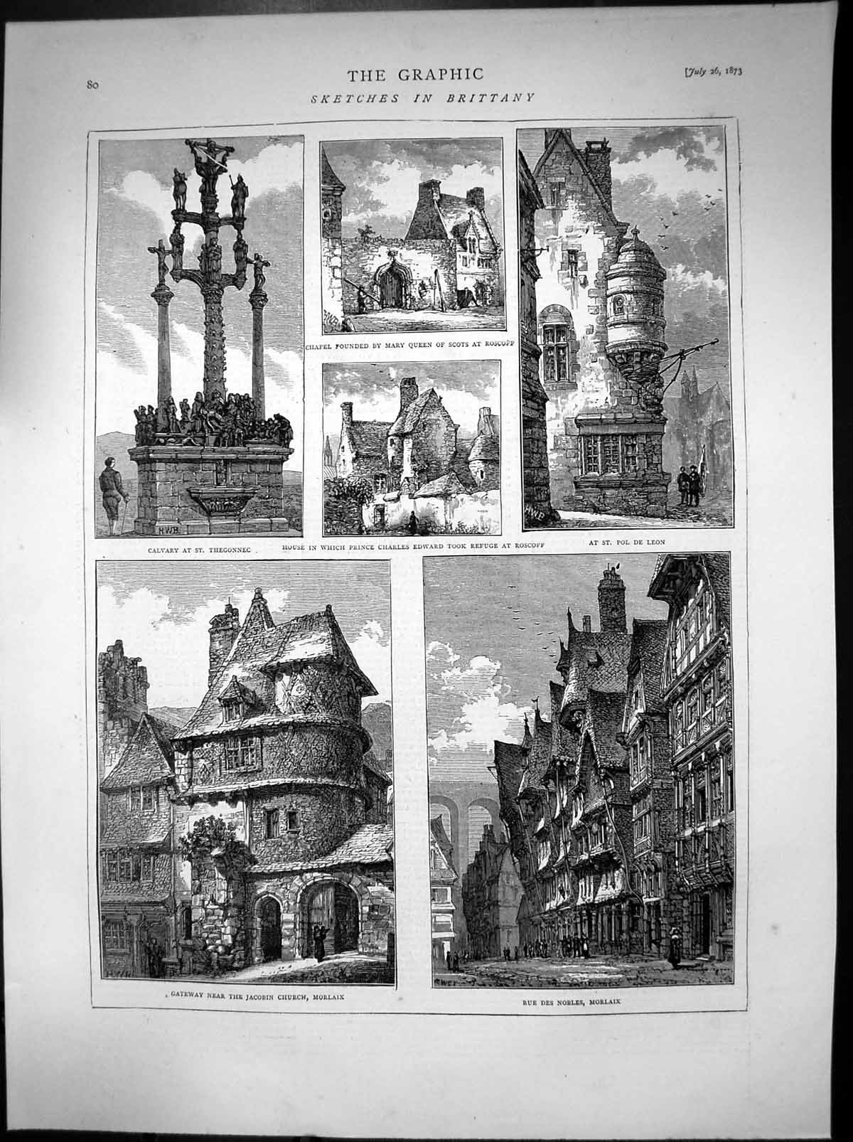Antique Old Print Brittany St Thegonnec Roscoff Rue Des Nobles Morlaix 1873