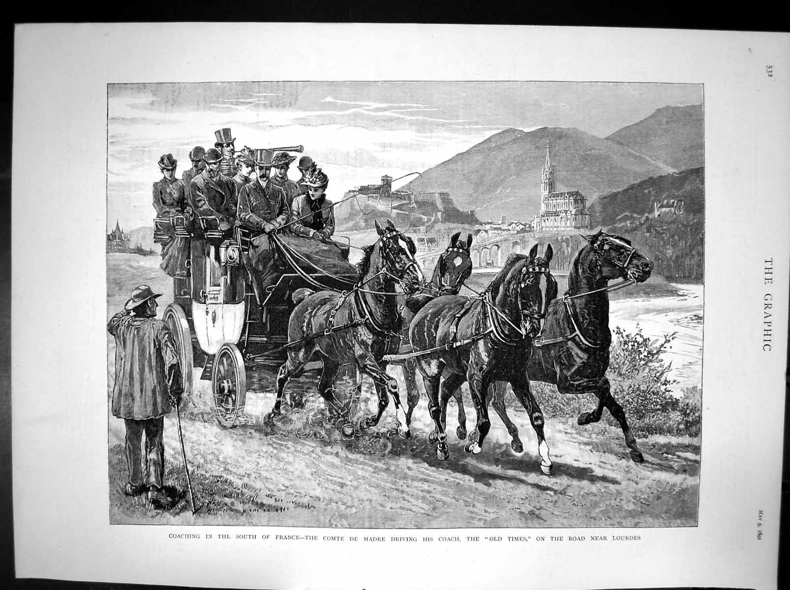 Original Old Antique Print Comte De Madre Driving Coach Times Road Lourdes 1891