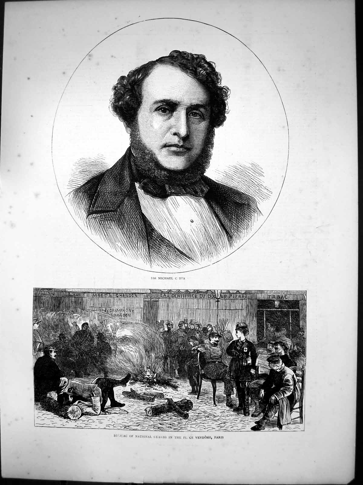 Antique Print Sir Michael Costa Bivouac National Guards Vendome Paris 1871 19th