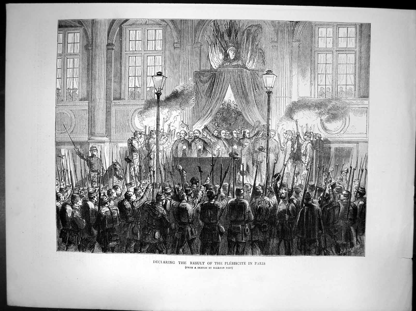 Original Old Antique Print Declaring Result Plebiscite Paris Balloon Post 1870