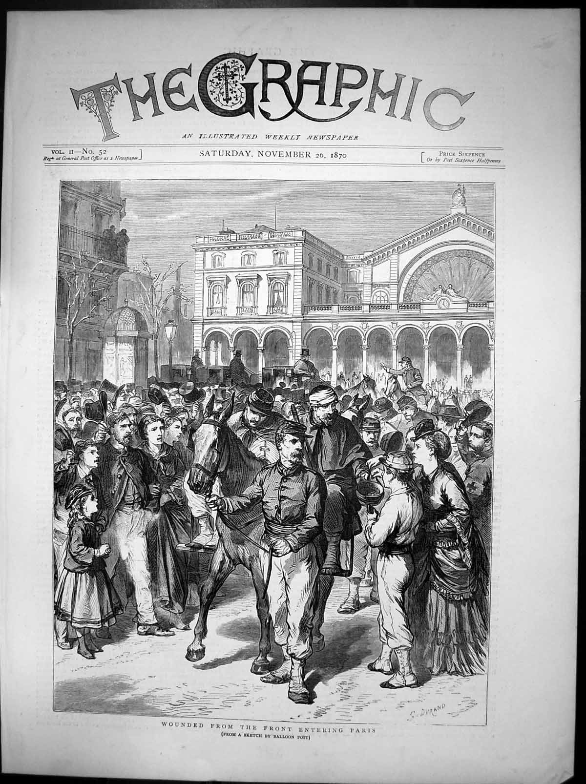 Original Old Antique Print Wounded From Front Entering Paris Balloon Post 1870