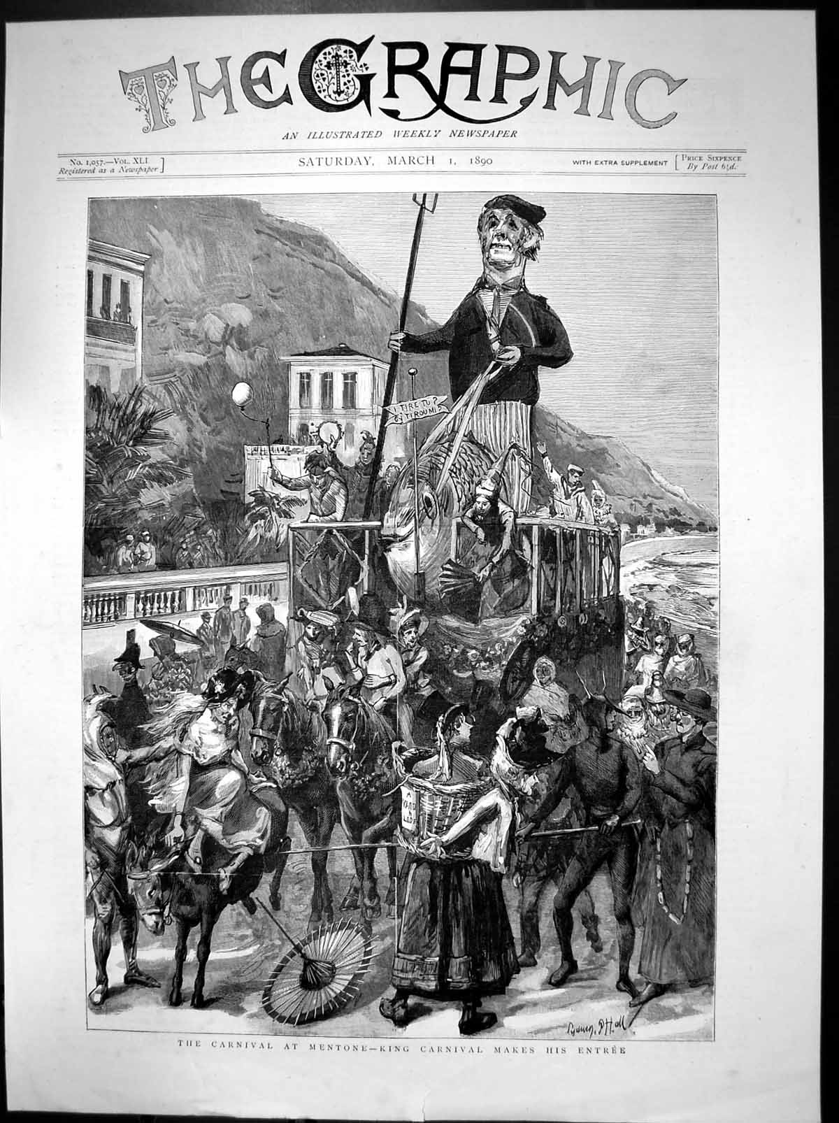 Original Old Antique Print Carnival Mentone King Carnival Makes His Entree 1890