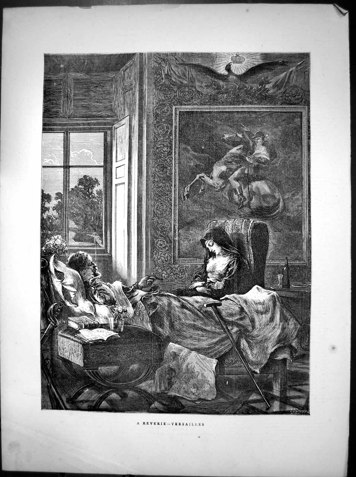 Original Old Antique Print Reverie Versailles Sick Bed Lady Asleep 1870 19th