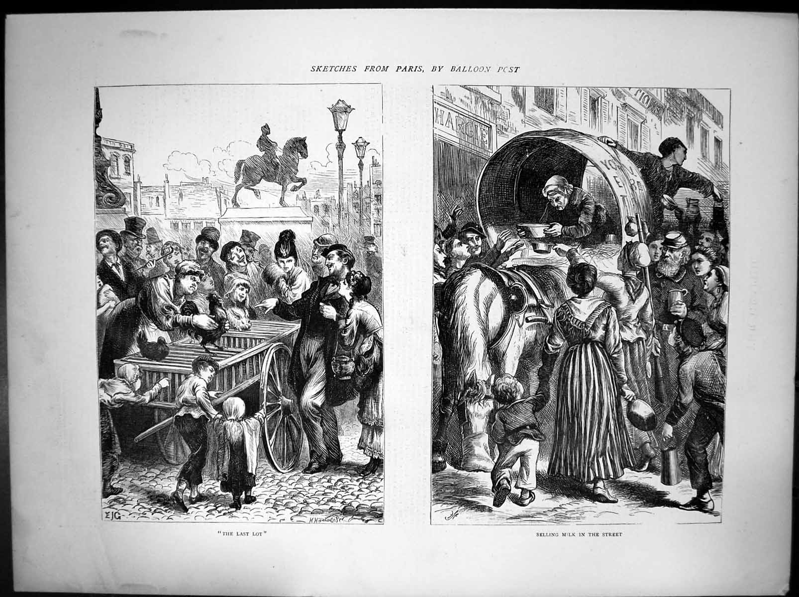 Old Antique Print Last Lot Selling Milk In Street Hens In Cart Paris 1870 19th