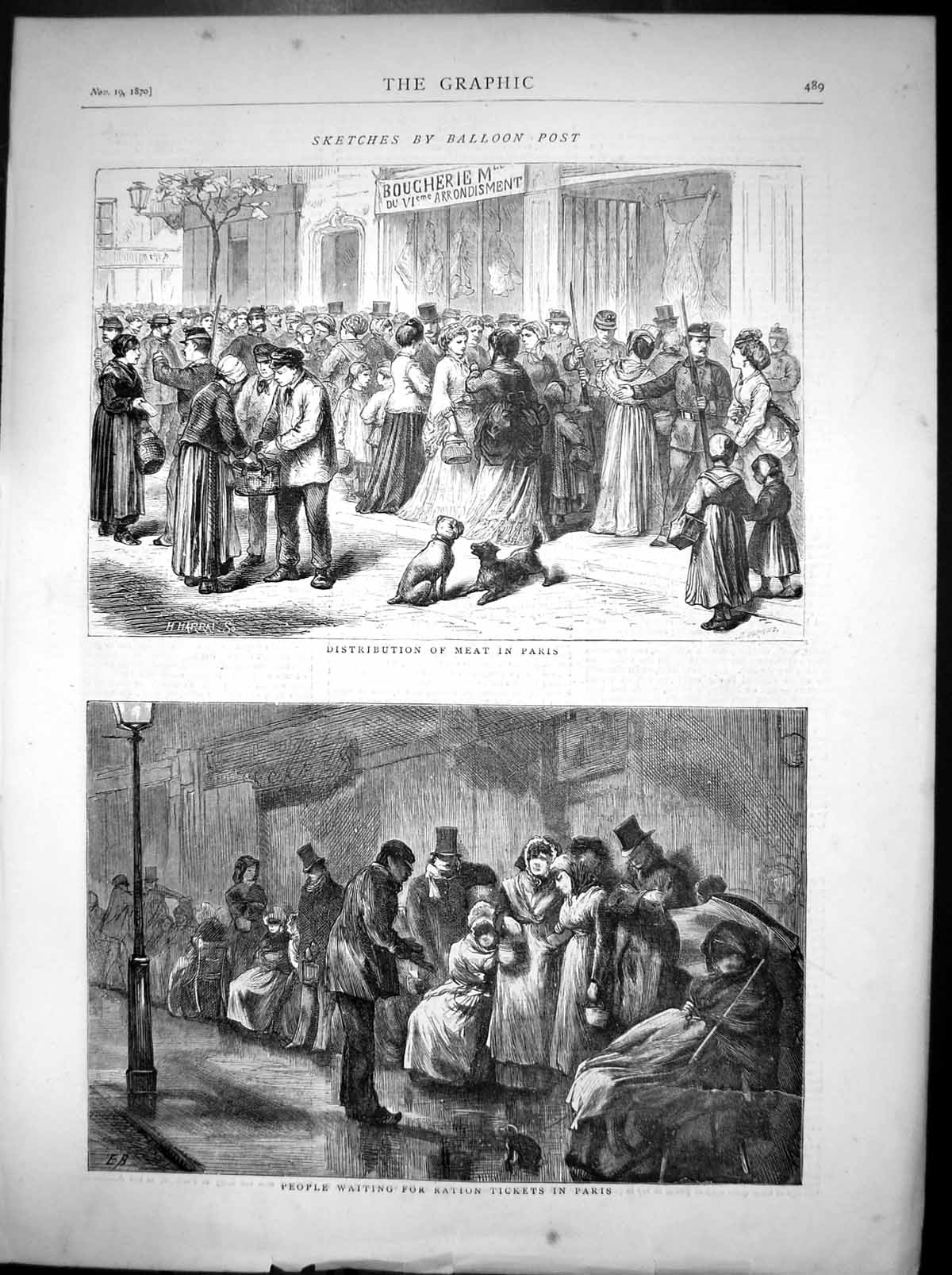 Original Old Antique Print Distribution Meat Waiting Ration Tickets Paris 1870