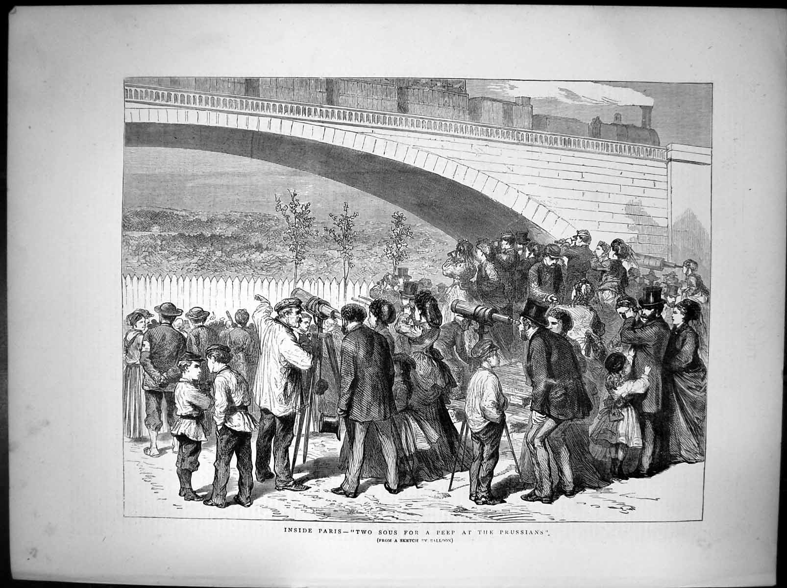 Antique Old Print Inside Paris Two Sous For Peep At Prussians Telescope 1870