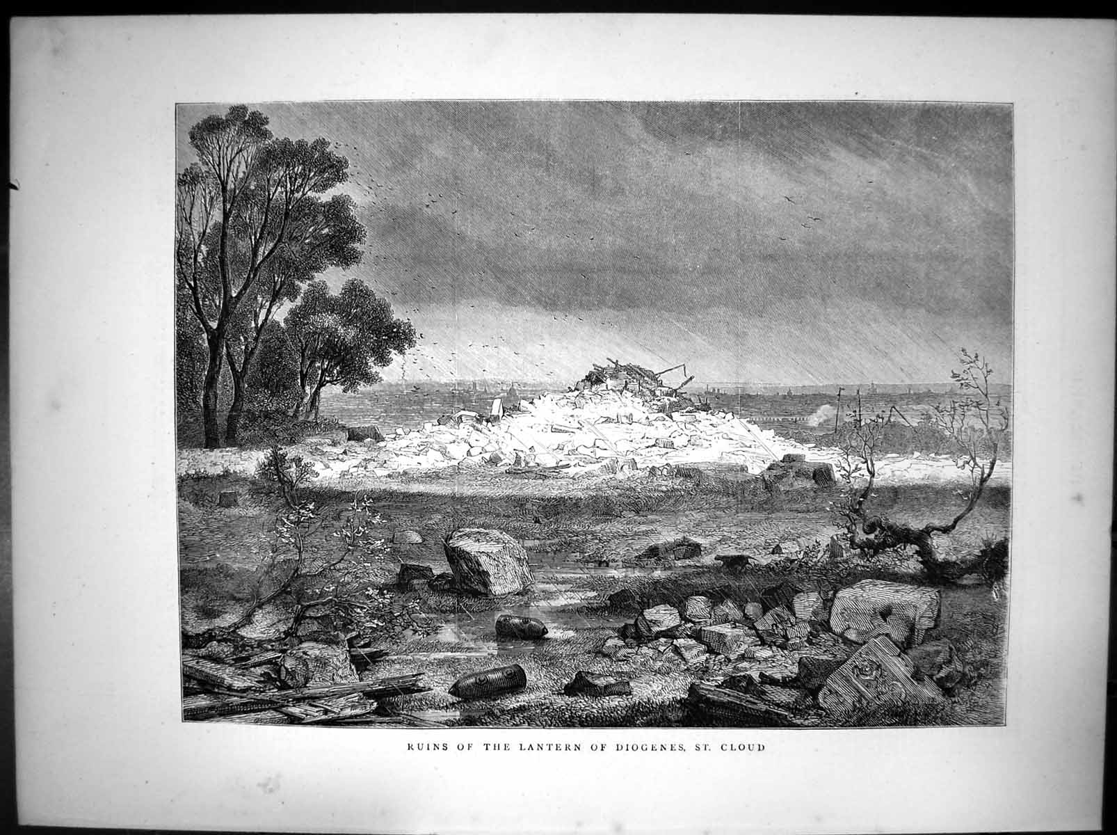 Original Old Antique Print Ruins Lantern Diogenes St Cloud 1870 19th