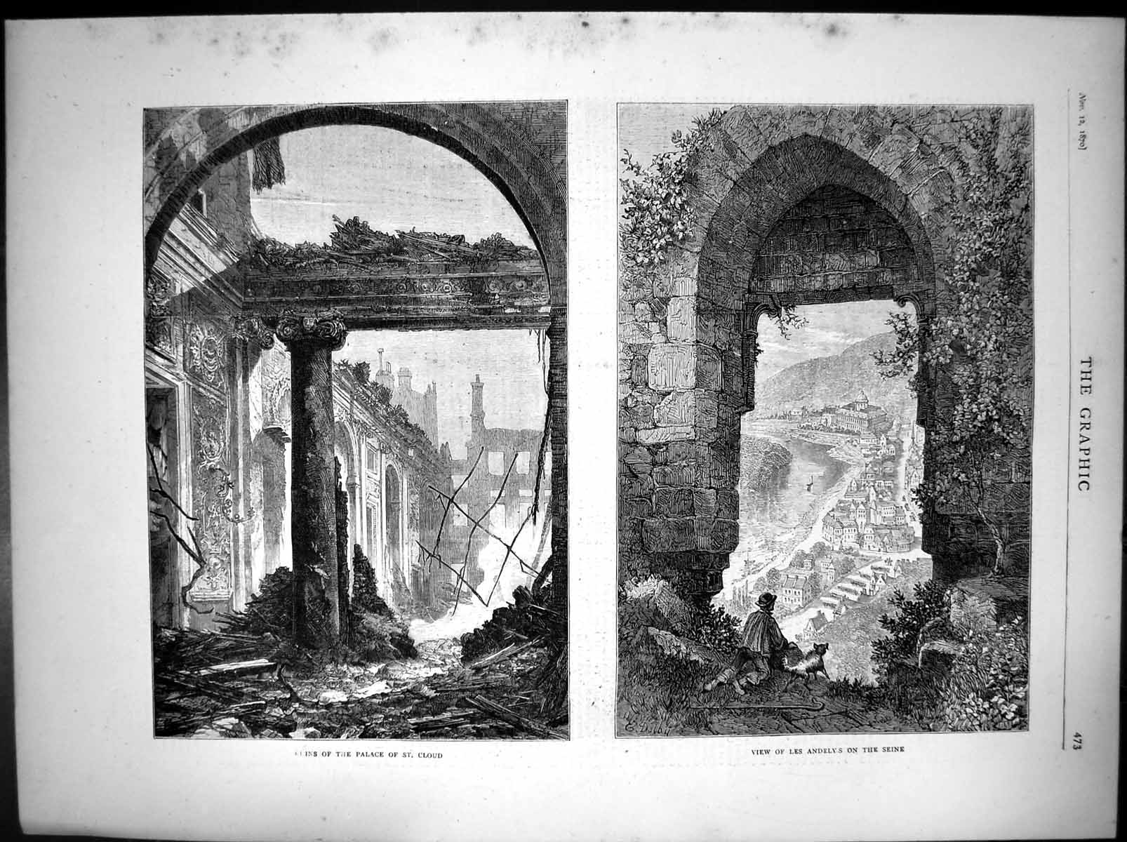 Original Old Antique Print Ruins Palace St Cloud Les Andelys On Seine 1870 19th