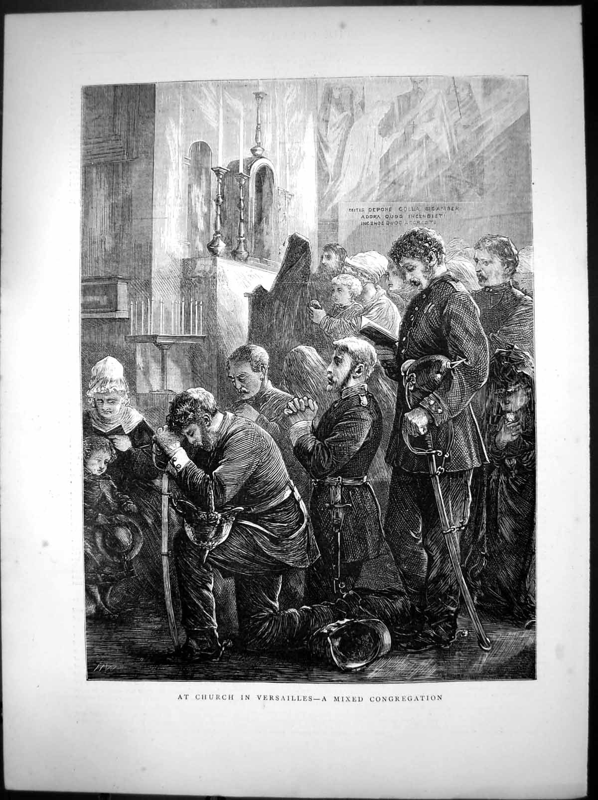 Original Old Antique Print At Church In Versailles Mixed Congregation 1870 19th