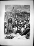 Original Old Antique Print Anxious Times Treport France Reading Letter 1870