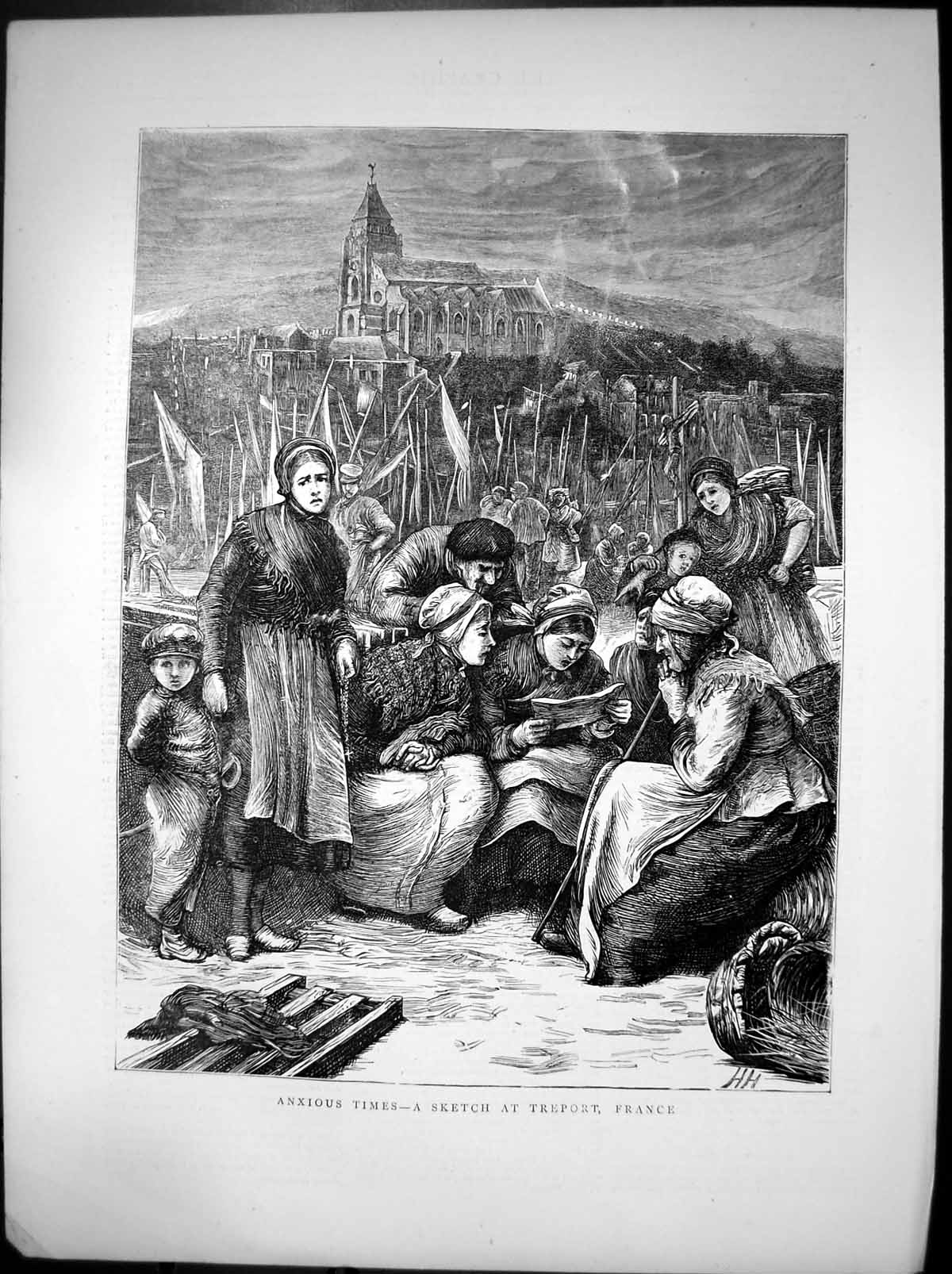 Original Old Antique Print Anxious Times Treport France Reading Letter 1870