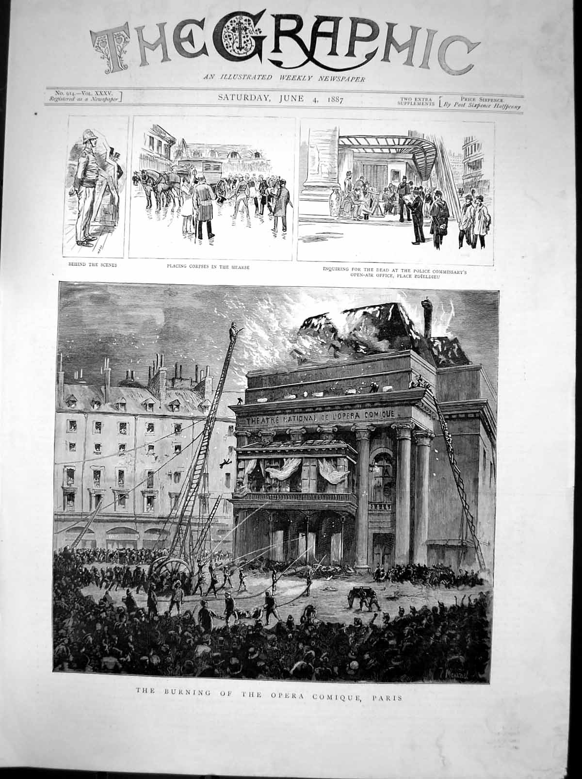 Original Old Antique Print Burning Opera Comique Paris Hoses Ladder 1887 19th